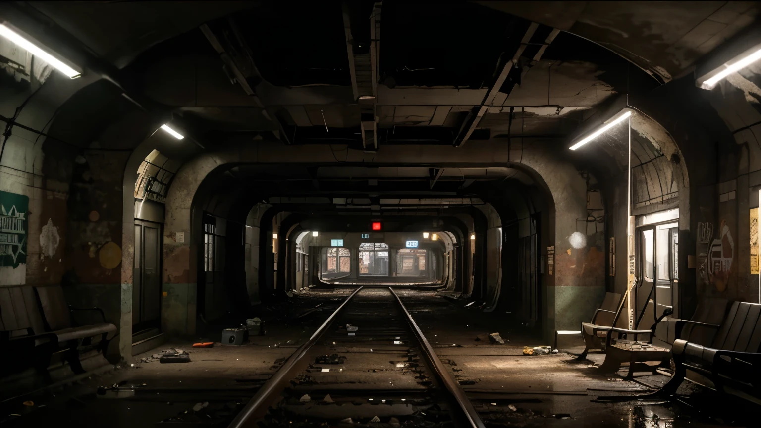 masterpiece,Extreme detail CG Unity 8K wallpaper,An abandoned subway station, deep underground, in total darkness. The walls are covered with graffiti, and there is garbage and rubble everywhere. The air is heavy and musty, and the ground is wet and slippery. Other, rusty trains stand still on the tracks, their windows are broken and their seats gnawed by rats. A quiet, constant dripping of water echoes through the tunnels, and occasionally you hear the echo of distant sounds, as if someone or something is lurking in the darkness. The sparse lighting flickers irregularly, and you feel watched, as if the shadows themselves had life.