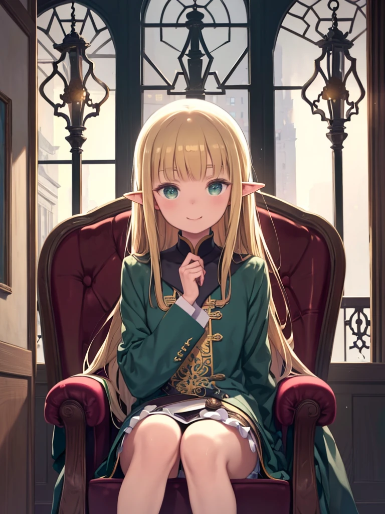 (((masterpiece, Highest quality, High resolution, Attention to detail)))), (((Fantasy))), ((Walled City)), ((Inside the inn)), (Sit in a chair and look out the window))), ((People coming and going in the city々)), One, Elf Woman, White short skirt with gold embroidery, Long straight blonde hair, Dark green eyes, Green surcoat with gold embroidery, smile, big, (Wind) , There are many particles of light floating in the room.
