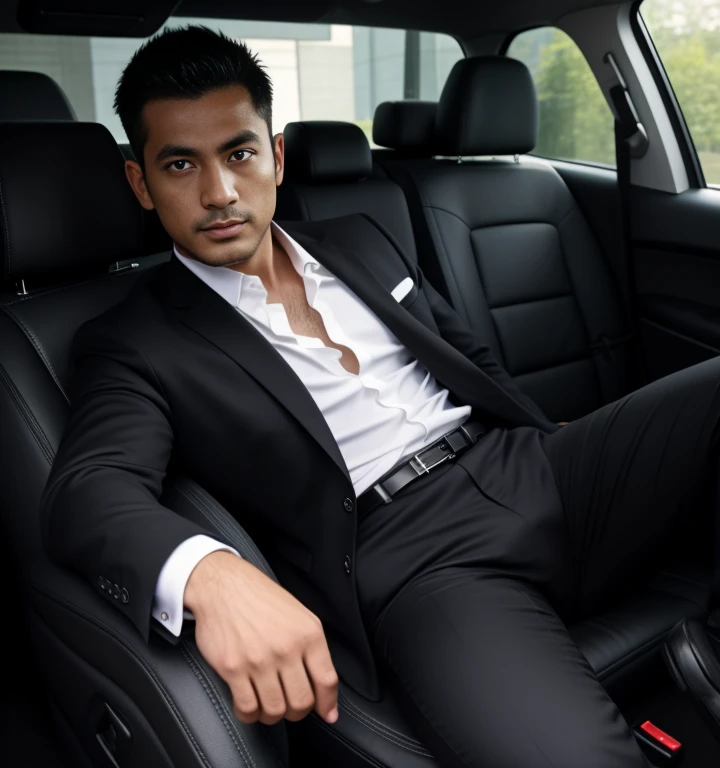 30 years old,One Man,Black Suit,Inside the car、Salaryman、legs wide open、The crotch area of the pants is bulging,logic,Gay ,Short Hair,Short Hair、Stubble,Turk,Black Belt。Handsome