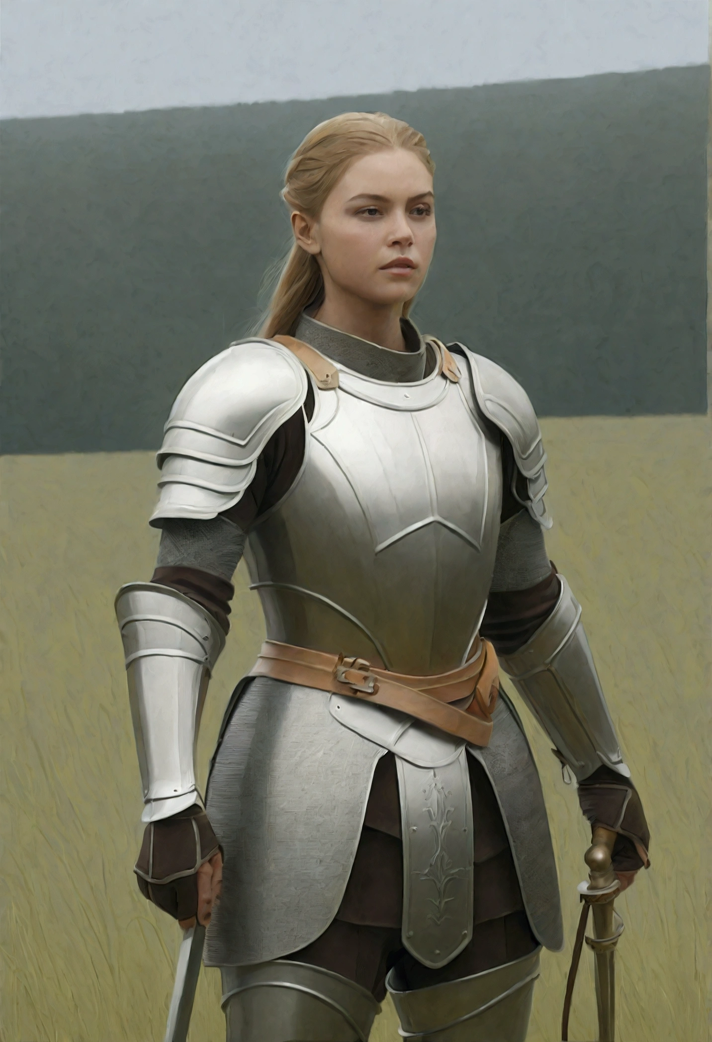 In a green meadow stands a girl leading a group of knights.
BREAK
With a brave expression, she guides them towards their destination.
BREAK
Behind her, a green forest stretches out and beyond that, mountains rise in the distance.
BREAK
The most suitable effect for this scene would be a watercolor painting technique to capture the softness of the meadow and the fluidity of the movement.
