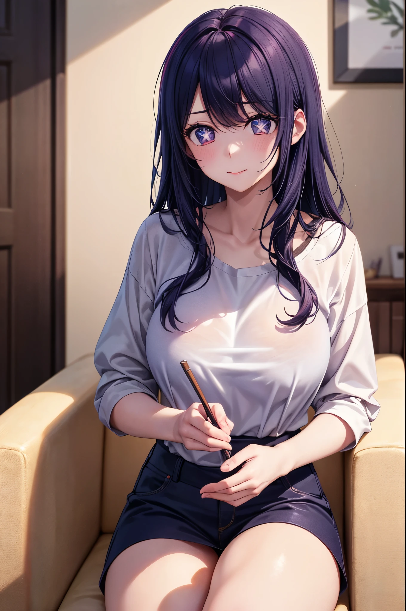 (8k, Ultra-high resolution, The best masterpiece, best quality:1.2), Very detailed, portrait, Half Body, side, focus on eyes, HD RAW photos, career arrest, High quality and beautiful, 超高清 8k 影像照片, confess, Professional photography, (actual, actual相片: 1.37), Very detailed的美麗女孩, Super delicate face shape, Contoured eyes, (Very detailed eyes), Delicate skin, (HD Skin:1.2), Neatly contoured fingers, (20:1.2), Twenty generations, cute girl, young beautiful mother, solo, Ai Hoshino, Hoshino Ai, Permanent, (Wearing home clothes), Vibrant look, (Living room at home), Dynamic dark purple long hair, shiny purple eyes, (Star-shaped pupil:1.5), one hand raised, Sensual, Exuding motherly love, perfect anatomy, Detailed background, HD Background, Volumetric lighting, actual, stunning details, 8k Ultra HD, high quality, CG unity, C4D Rendering, 3D Rendering, Octane Rendering,