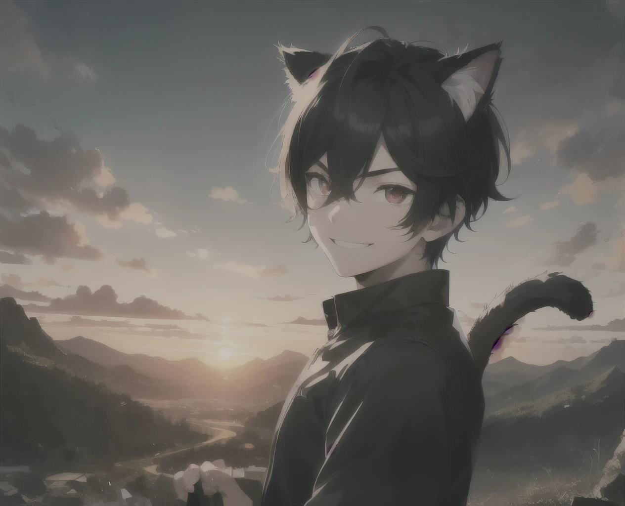 1boy, glossy dark black hair, red eyes, large sharp cat ears, cat tail, staring at viewer while grinning, mountainous setting, sunrise, 4k Resolution