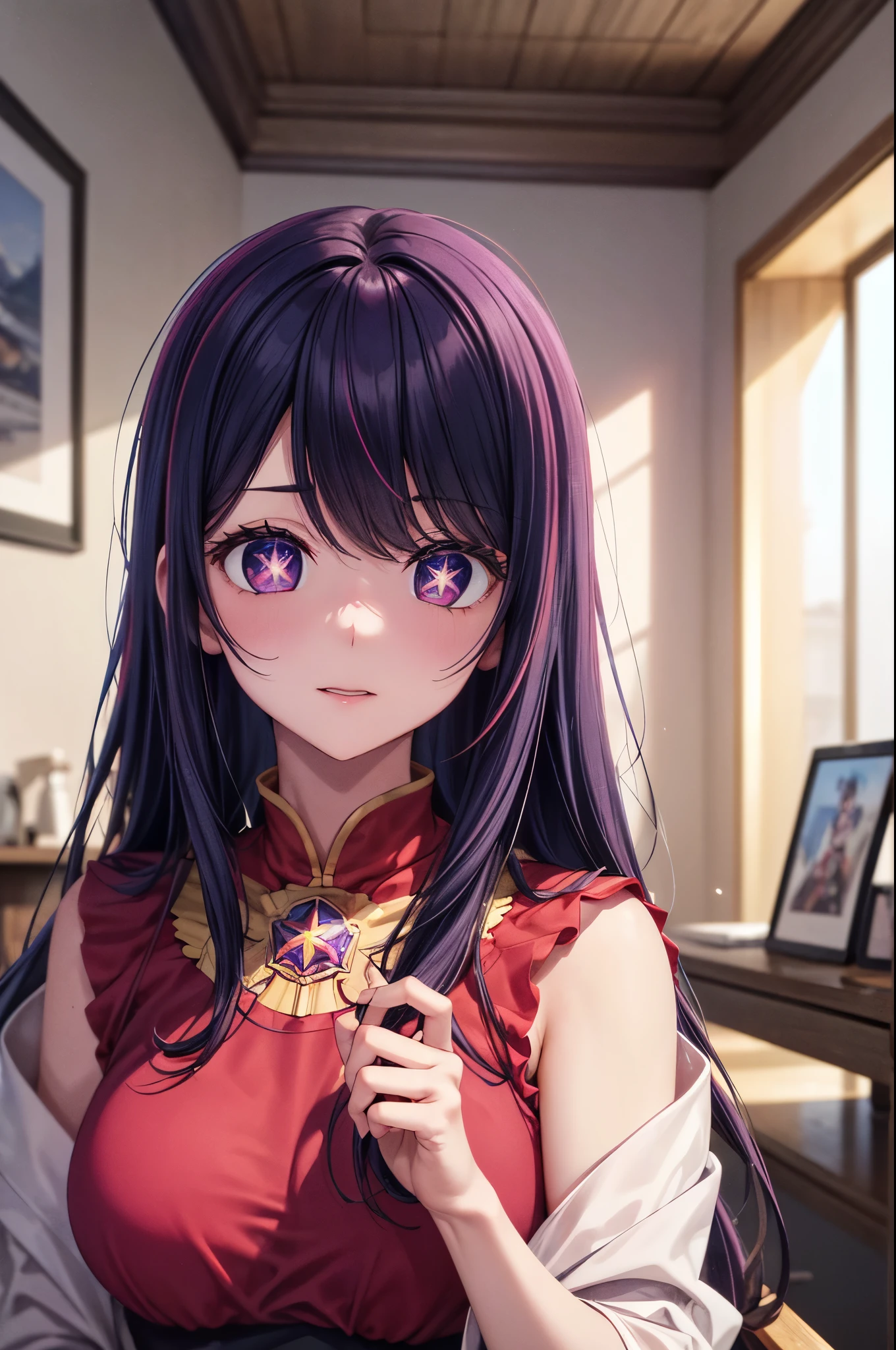 (8k, Ultra-high resolution, The best masterpiece, best quality:1.2), Very detailed, portrait, Half Body, side, focus on eyes, HD RAW photos, career arrest, High quality and beautiful, 超高清 8k 影像照片, confess, Professional photography, (actual, actual相片: 1.37), Very detailed的美麗女孩, Super delicate face shape, Contoured eyes, (Very detailed eyes), Delicate skin, (HD Skin:1.2), Neatly contoured fingers, (20:1.2), Twenty generations, cute girl, young beautiful mother, solo, Ai Hoshino, Hoshino Ai, Permanent, (Wearing home clothes), Vibrant look, (Living room at home), Dynamic dark purple long hair, shiny purple eyes, (Star-shaped pupil:1.5), one hand raised, Sensual, Exuding motherly love, perfect anatomy, Detailed background, HD Background, Volumetric lighting, actual, stunning details, 8k Ultra HD, high quality, CG unity, C4D Rendering, 3D Rendering, Octane Rendering,