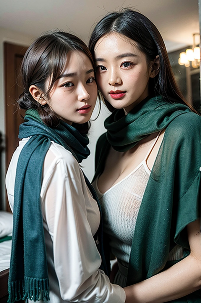 There are two women in the room wearing blue and green scarves., beginner, superior look, Professional, Sparkling, subtitle, Hotel Staff
