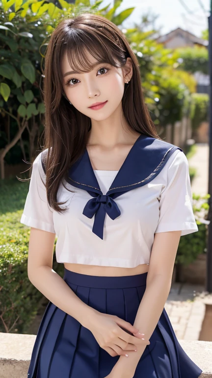 (Ultra HD), (Sailor suit:1.4, White short sleeve shirt, Navy blue mini skirt), Bust 100 cm、thin, whole body, Standing posture, (clean and shiny skin, Whitening, No makeup), (Super slim face, Super beautiful face), (Light brown hair, Layered Cut, Fluffy hair), (double eyelid), Small Nose, Thin lips, thin脚, school gate、Belly button