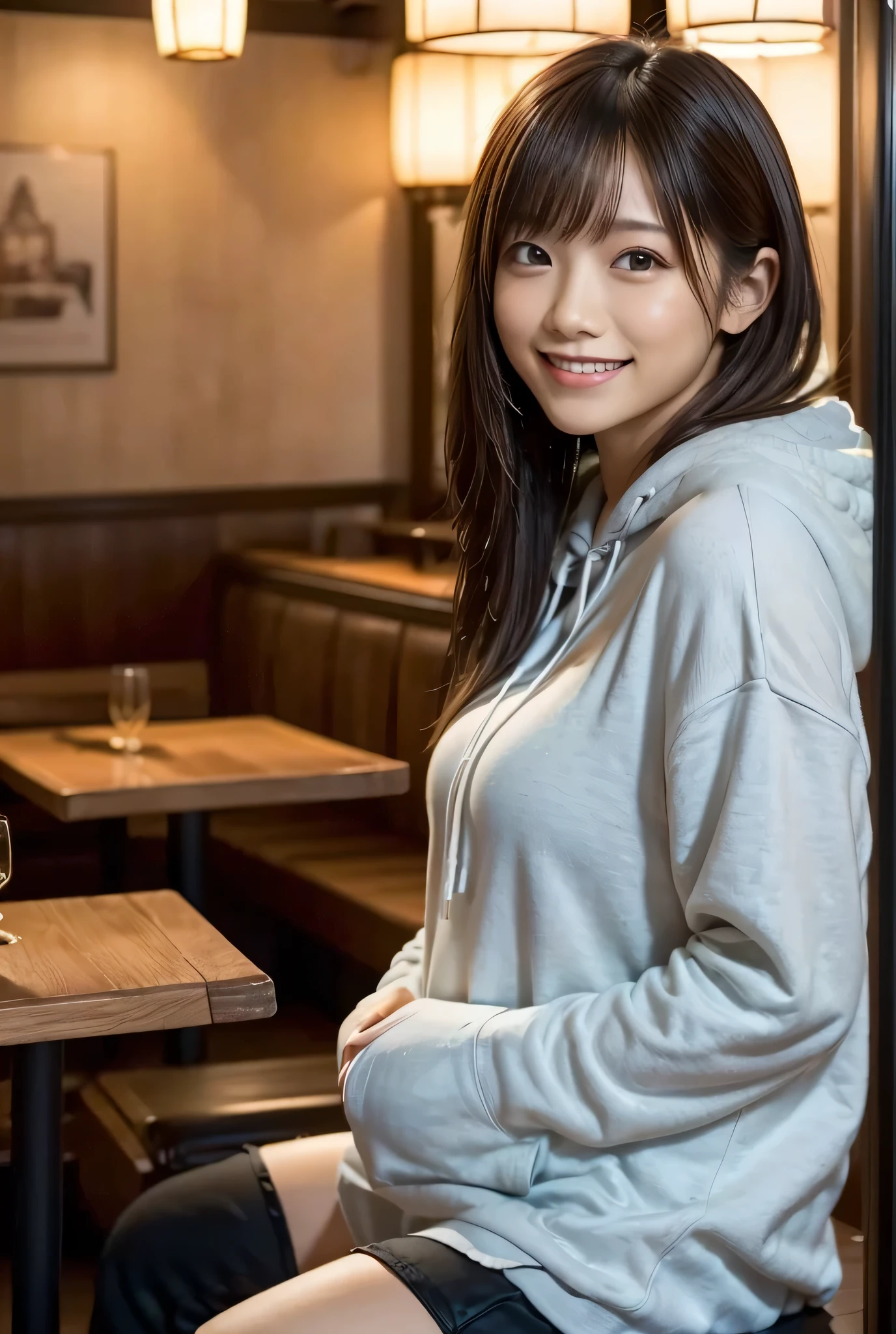 (((restaurant:1.3, indoor,Photographed from the front))), ((Long Hair:1.3,hoodie,Japanese women,smile,cute)), (clean, Natural Makeup), (Highest quality, masterpiece:1.3, 超High resolution), (Very detailedな, Caustics), (Realistic:1.4, RAW shooting), Very detailed, High resolution, 16K resolution