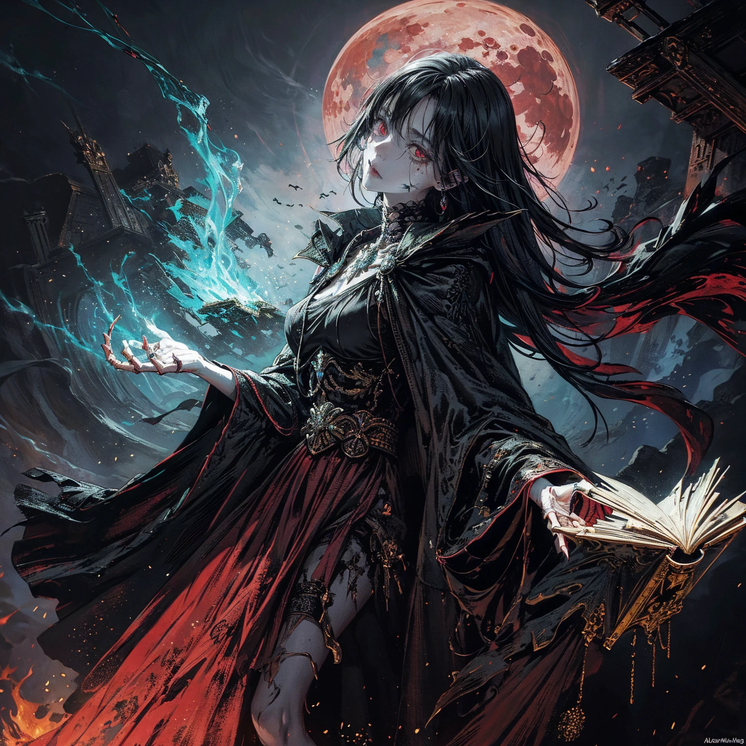 best quality, 4K, high resolution, masterpiece, Very detailed, Full-body shot from a distance, Mood lighting, Undead girl in a long cloak is chanting black magic, Black Hair, The whole body is a skull, but the head is still a beautiful human face., Wearing a tattered gothic skirt, Strong sense of alienation, Dangerous sneer, Beautiful but bitter expression, Black tears of blood flowed from my eyes, A hand holding an ancient magic book, Facing the camera, Crucified, Pitch black sky, Blood red moon, strange atmosphere, Gothic style, Unforgettable beauty, Dramatic shadows, Ethereal Light, Mysterious atmosphere, Necromancer, Dark Magic, Resurrection of the Dead, Resurrected zombies and skeletons roaming around.