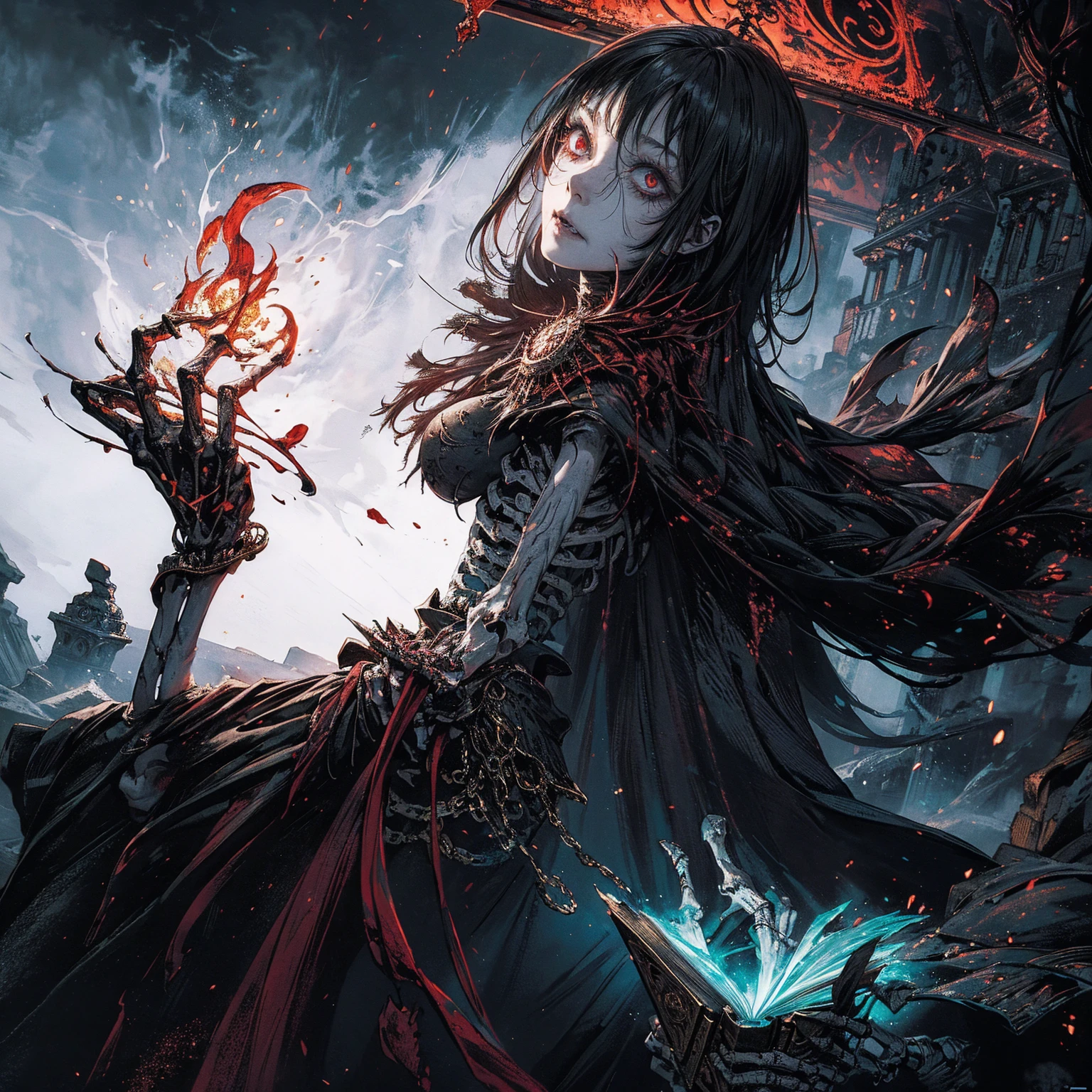 best quality, 4K, high resolution, masterpiece, Very detailed, Full-body shot from a distance, Mood lighting, Undead girl in a long cloak is chanting black magic, Black Hair, The whole body is a skull, but the head is still a beautiful human face., Wearing a tattered gothic skirt, Strong sense of alienation, Dangerous sneer, Beautiful but bitter expression, Black tears of blood flowed from my eyes, A hand holding an ancient magic book, Facing the camera, Crucified, Pitch black sky, Blood red moon, strange atmosphere, Gothic style, Unforgettable beauty, Dramatic shadows, Ethereal Light, Mysterious atmosphere, Necromancer, Dark Magic, Resurrection of the Dead, Resurrected zombies and skeletons roaming around.