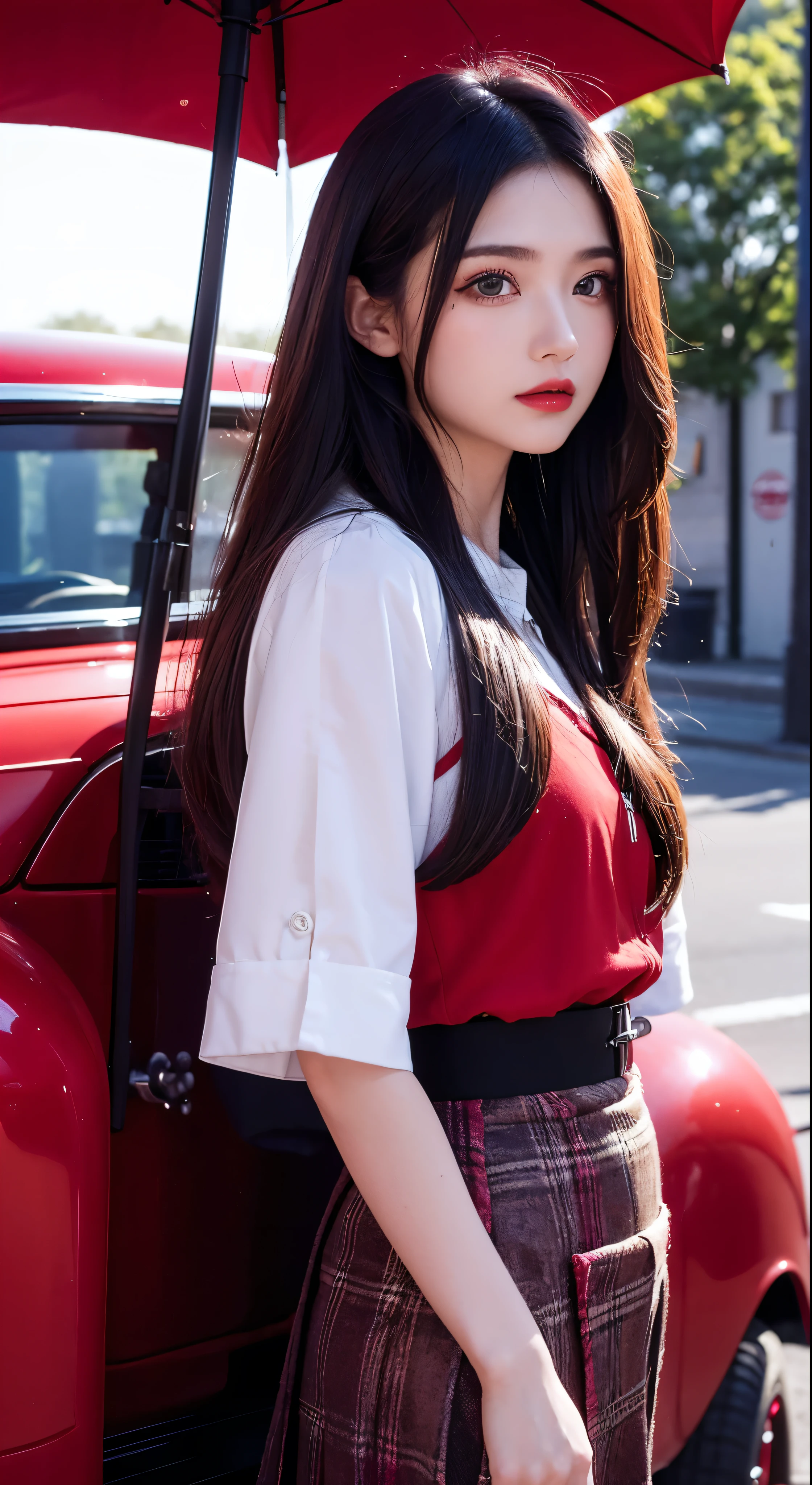 masterpiece、Pale Skin、Red lips、Bright Eyes、eye shadow、A beautiful chestnut woman with long hair standing in the street holding a front shot Thompson drum M1928A1、Behind her left is a green 1928 Cadillac Town Sedan、She is wearing a mafia suit in red and black colors、Skirt and jacket on her shoulders in mafia style、Heel、Very detailedなボディ、Detailed cars and clothing、Chiaroscuro、Natural light、Very detailed、She and the car are the focus of the image。Facial details