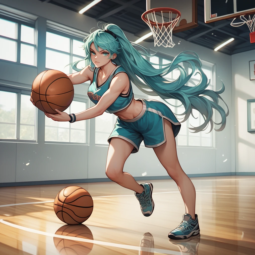 anime style, high quality, 1girl, full body, long hair, aqua hair, aqua eyes, pale, thin,  basketball, playing, indoor, ball, slamdunk