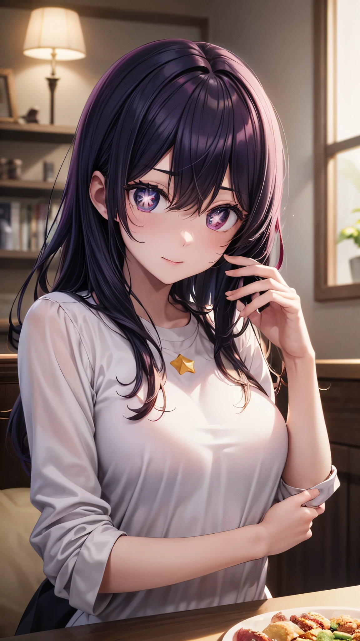 (8k, Ultra-high resolution, The best masterpiece, best quality:1.2), Very detailed, portrait, Half Body, side, focus on eyes, HD RAW photos, career arrest, High quality and beautiful, 超高清 8k 影像照片, confess, Professional photography, (actual, actual相片: 1.37), Very detailed的美麗女孩, Super delicate face shape, Contoured eyes, (Very detailed eyes), Delicate skin, (HD Skin:1.2), Neatly contoured fingers, (20:1.2), Twenty generations, cute girl, young beautiful mother, solo, Ai Hoshino, Hoshino Ai, Permanent, (Wearing home clothes), Vibrant look, (Living room at home), Dynamic dark purple long hair, shiny purple eyes, (Star-shaped pupil:1.5), one hand raised, Sensual, Exuding motherly love, perfect anatomy, Detailed background, HD Background, Volumetric lighting, actual, stunning details, 8k Ultra HD, high quality, CG unity, C4D Rendering, 3D Rendering, Octane Rendering,