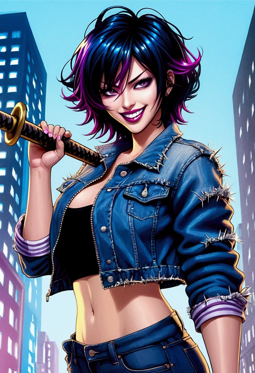 top quality, high image quality, a 28 year old girl, an already developed body, black hair, spiky hair, shoulder length hair, a confident smile, big breasts , Futanari , huge cock, semen, big butt, a blue jean jacket, a black top, pink floss thong,