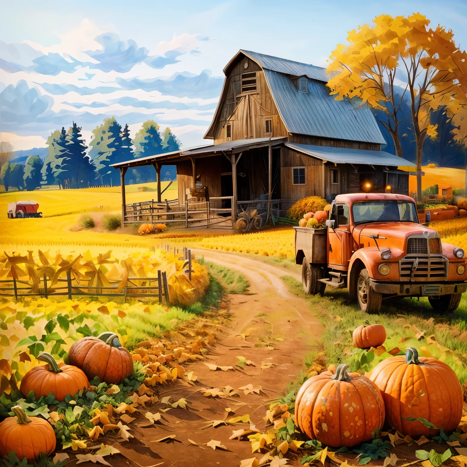 Realistic Farm，authentic landscape，Real farm，Photography style，painting of a farm with a barn and a truck with pumpkins, pumpkin farm background, autumn season, rural splendor, harvest fall vibrance, stylized digital illustration, harvest fall vibrancy, inspired by Terry Redlin, scenery artwork, autumn field, beautiful high resolution, fall season, pumpkin patch, beautiful artist rendering, by Doris Blair, by Carol Bove