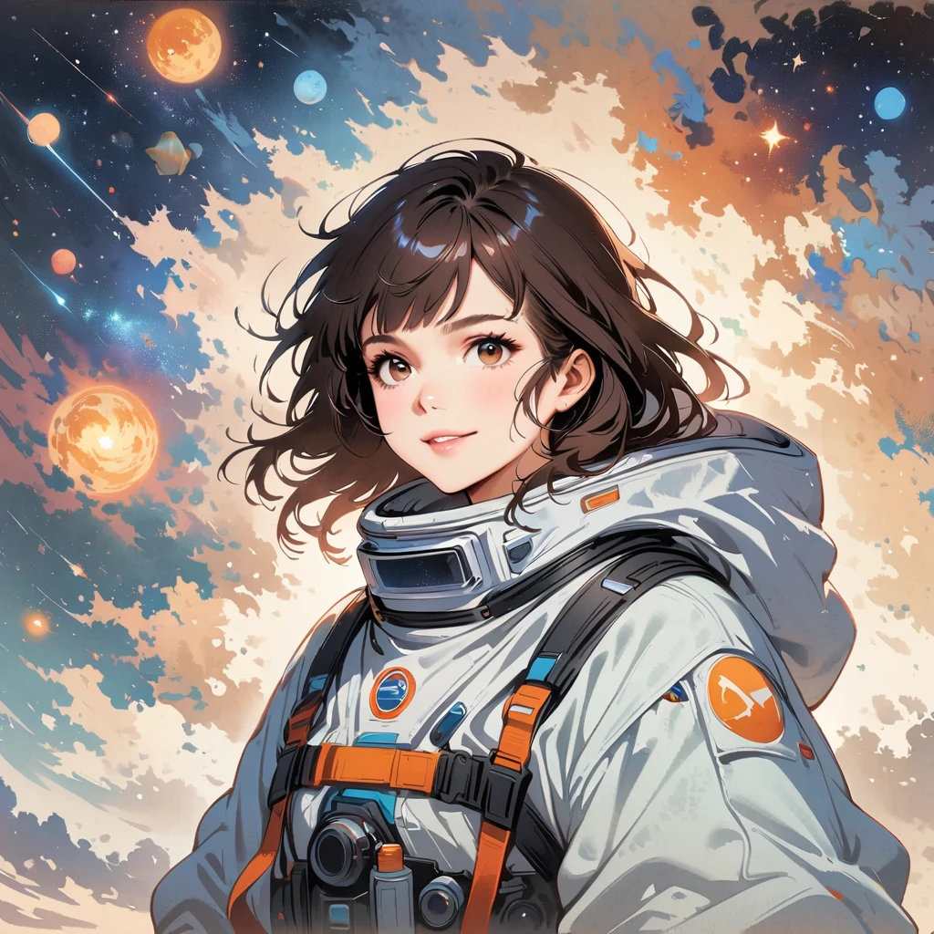 Movie poster: Girl in spacesuit floating in space, surrounded by the Milky Way, the universe.