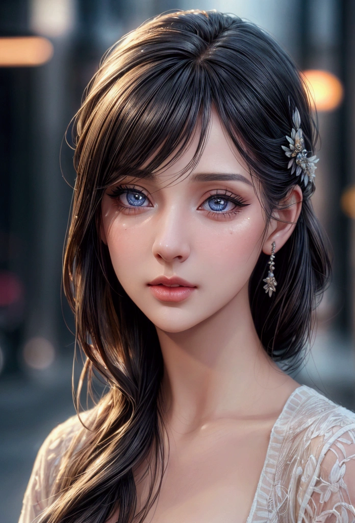 a young woman standing on the street, beautiful detailed eyes, beautiful detailed lips, extremely detailed face and skin, long eyelashes, realistic lighting, photorealistic, 4k, best quality, ultra-detailed, masterpiece, (realistic:1.37), cinematic lighting, warm tones, detailed street background, blurred background, intricate details
