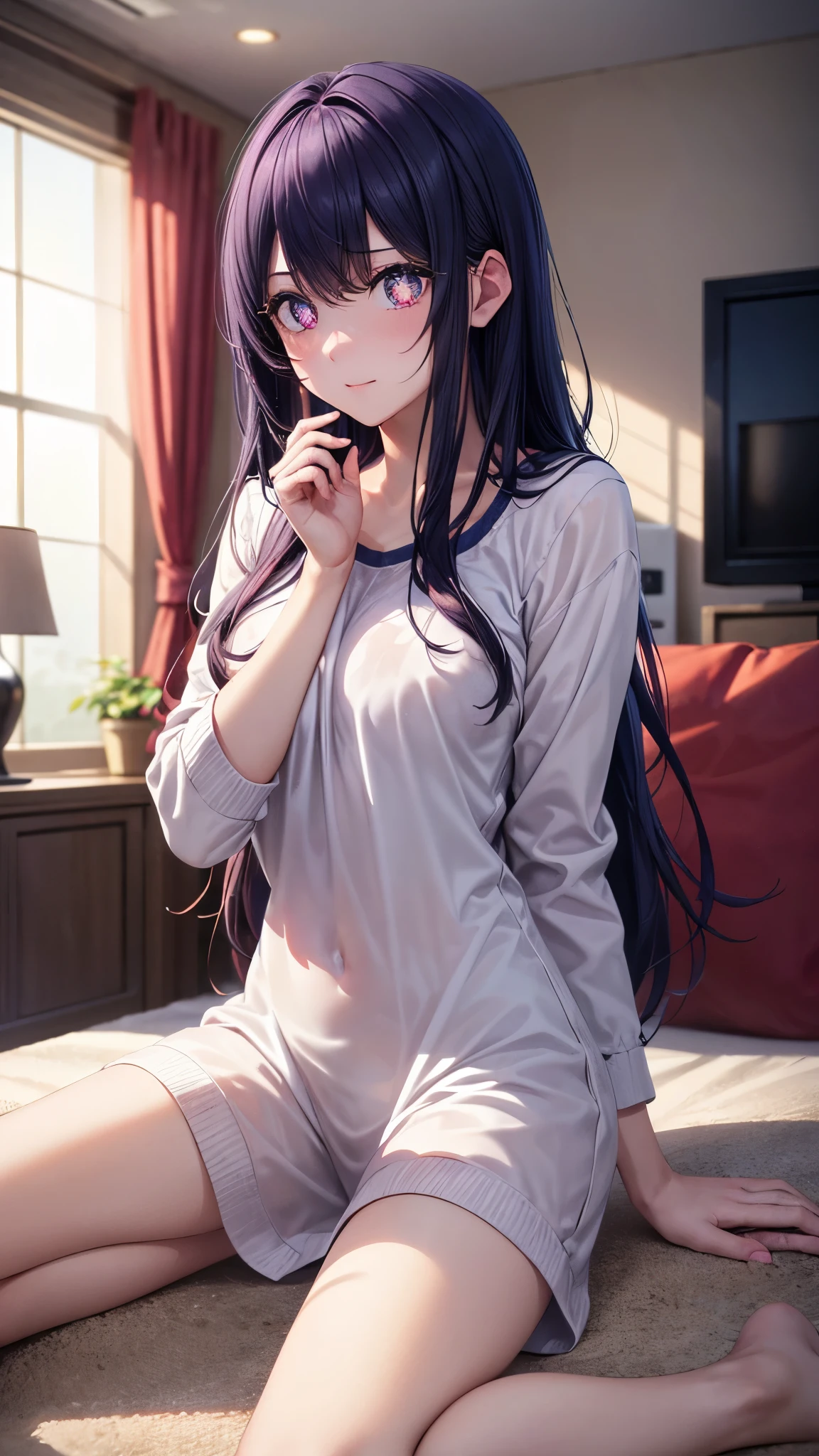(8k, Ultra-high resolution, The best masterpiece, best quality:1.2), Very detailed, portrait, Half Body, side, focus on eyes, HD RAW photos, career arrest, High quality and beautiful, 超高清 8k 影像照片, confess, Professional photography, (actual, actual相片: 1.37), Very detailed的美麗女孩, Super delicate face shape, Contoured eyes, (Very detailed eyes), Delicate skin, (HD Skin:1.2), Neatly contoured fingers, (20:1.2), Twenty generations, cute girl, young beautiful mother, solo, Ai Hoshino, Hoshino Ai, (Wear comfortable loungewear), Vibrant look, (Layperson, Living room), Dynamic dark purple long hair, shiny purple eyes, (Star-shaped pupil:1.5), one hand raised, Sensual, warm, Exuding motherly love, perfect anatomy, Detailed background, HD Background, Volumetric lighting, actual, stunning details, 8k Ultra HD, high quality, CG unity, C4D Rendering, 3D Rendering, Octane Rendering,