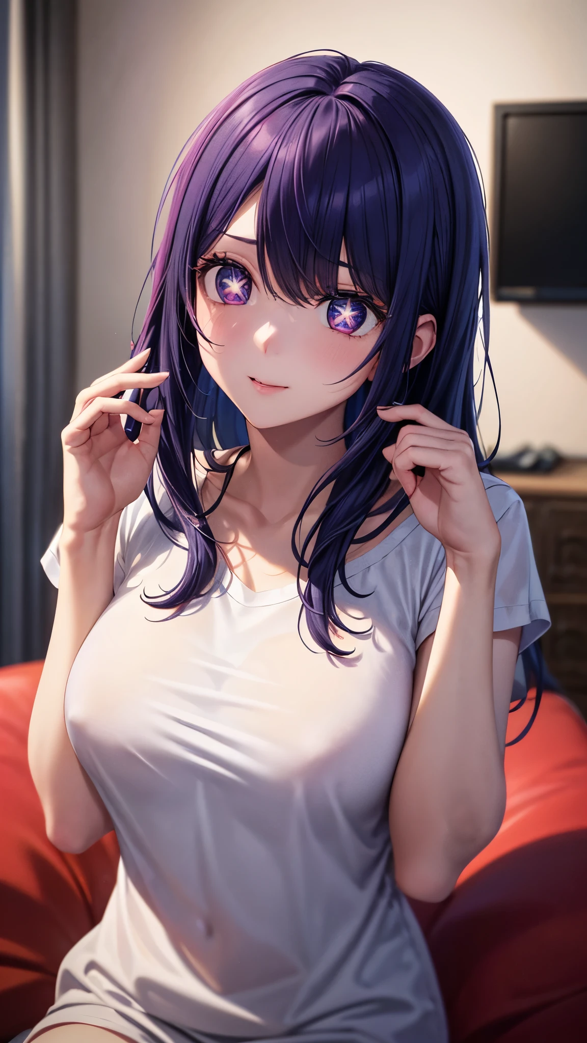 (8k, Ultra-high resolution, The best masterpiece, best quality:1.2), Very detailed, portrait, Half Body, side, focus on eyes, HD RAW photos, career arrest, High quality and beautiful, 超高清 8k 影像照片, confess, Professional photography, (actual, actual相片: 1.37), Very detailed的美麗女孩, Super delicate face shape, Contoured eyes, (Very detailed eyes), Delicate skin, (HD Skin:1.2), Neatly contoured fingers, (20:1.2), Twenty generations, cute girl, young beautiful mother, solo, Ai Hoshino, Hoshino Ai, (Wear comfortable loungewear), Vibrant look, (Layperson, Living room), Dynamic dark purple long hair, shiny purple eyes, (Star-shaped pupil:1.5), one hand raised, Sensual, warm, Exuding motherly love, perfect anatomy, Detailed background, HD Background, Volumetric lighting, actual, stunning details, 8k Ultra HD, high quality, CG unity, C4D Rendering, 3D Rendering, Octane Rendering,