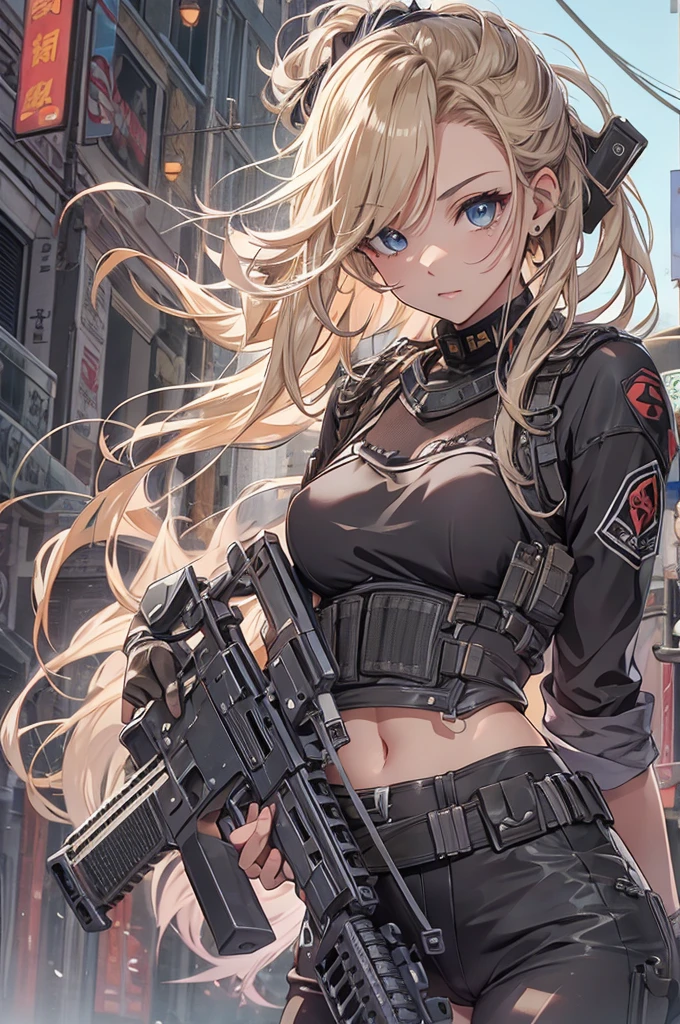((Highest quality))、((masterpiece))、(detailed)、((Anatomically correct))、(High resolution、8k)、(Beautiful Skin:1.1)、One woman、(Beautiful eyes:1.2)、(Assault rifle)、(Assault rifleを構える:1.3)、Splattering cartridge cases、Blonde、ponytail、Black short tank top、????? nipples、Belly button、Black hot pants、Gunfight、Urban Warfare