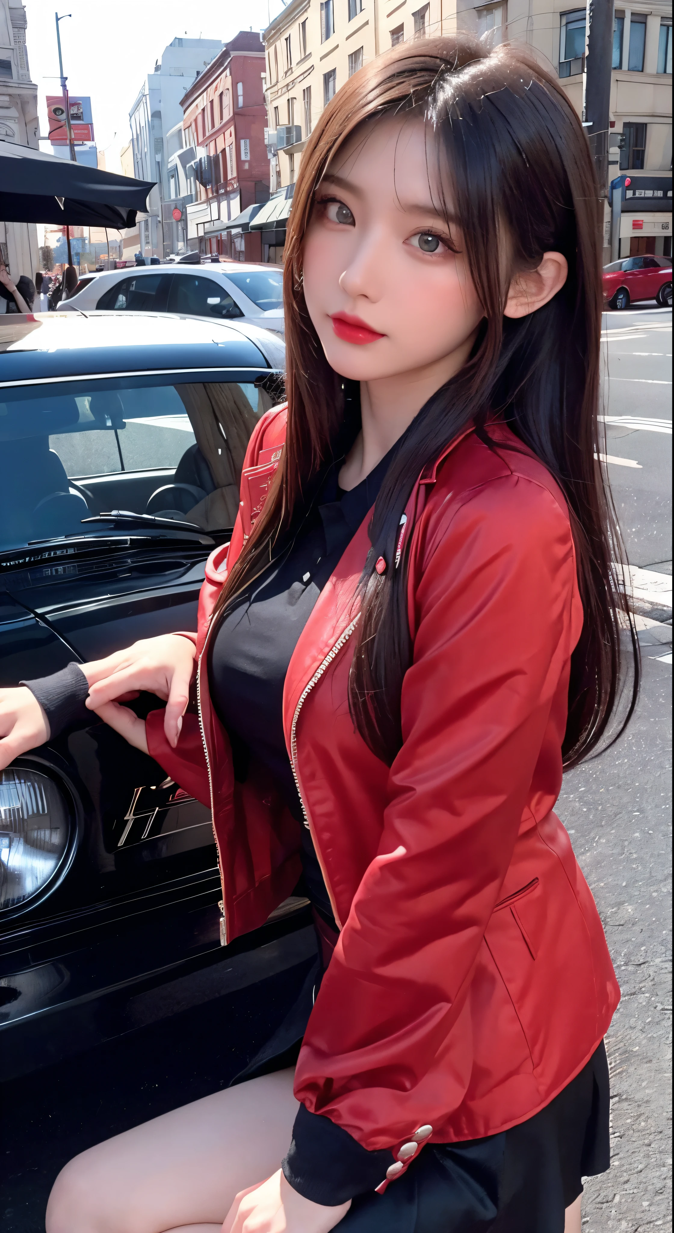 masterpiece、Pale Skin、Red lips、Bright Eyes、eye shadow、A beautiful chestnut woman with long hair standing in the street holding a front shot Thompson drum M1928A1、Behind her left is a green 1928 Cadillac Town Sedan、She is wearing a mafia suit in red and black colors、Skirt and jacket on her shoulders in mafia style、Heel、Very detailedなボディ、Detailed cars and clothing、Chiaroscuro、Natural light、Very detailed、She and the car are the focus of the image。Facial details