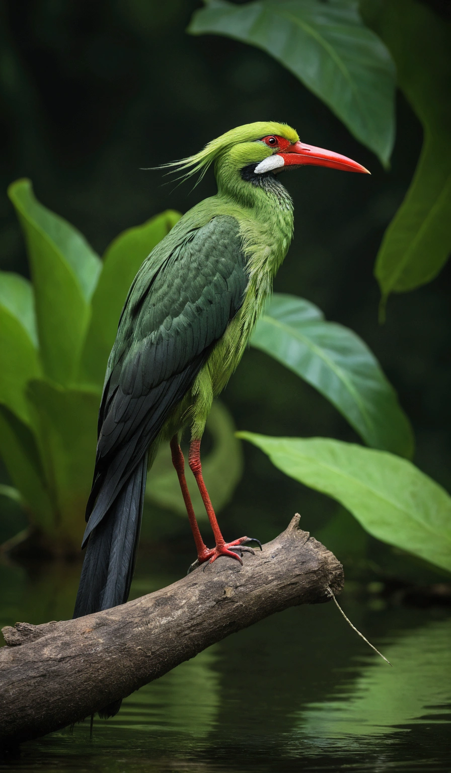 there is a big green bird sitting on a log with tail, rare bird in the jungle, long tail, very beautiful and elegant, beautiful and elegant, long and elegant tail, captured in canon eos r 6, long tail with, beautiful and graceful, long tails, by Sudip Roy, mischievous look, sitting on a curly branch, high quality nature photography A bird with red beak and legs, standing in a lake. The bird has black dots on its body.