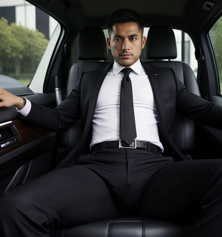 30 years old,One Man,Black Suit,Inside the car、Salaryman、legs wide open、The crotch area of the pants is bulging,logic,Gay ,Short Hair,Short Hair、Stubble,Turk,Black Belt。Handsome