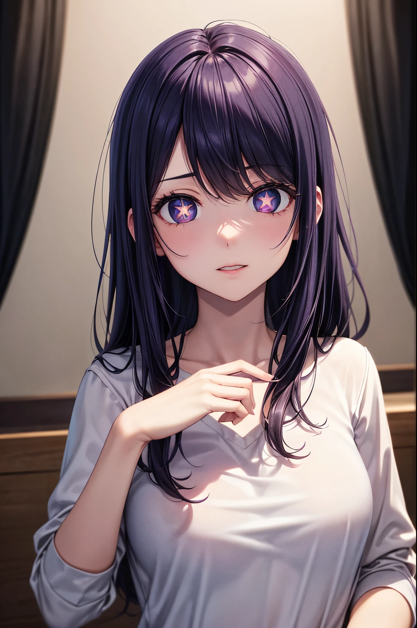 (8k, Ultra-high resolution, The best masterpiece, best quality:1.2), Very detailed, Complete Solution, (actual, actual photo: 1.37), portrait, HD RAW photos, career arrest, High quality and beautiful, 超高清 8k 影像照片, confess, Professional photography, Very detailed的美麗女孩, Super delicate face shape, Contoured eyes, (Very detailed eyes), Precisely shaped nose, expressive lips, Delicate skin, (HD Skin:1.2), Neatly contoured fingers, Every feature is carefully displayed, (20:1.2), Twenty generations, cute girl, young beautiful mother, solo, Ai Hoshino, Hoshino Ai, Permanent, Photography studio, Vibrant look, (Comfortable casual loungewear), Dynamic dark purple long hair, shiny purple eyes, (Star-shaped pupil:1.5), one hand raised, Sensual, A face that exudes maternal love, perfect anatomy, Detailed background, HD Background, Volumetric lighting, actual, stunning details, 8k Ultra HD, high quality, CG unity, C4D Rendering, 3D Rendering, Octane Rendering,