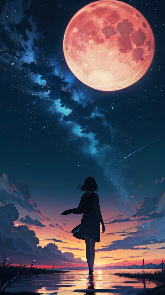 An anime girl looking at the sky at night, with the moon in the background, 4K anime wallpaper, by Makoto Shinkai and Cyril Rolando, anime art wallpaper 8k, cosmos sky, walking on water, looking at the sunset, anime, anime art wallpaper 4k, anime wallpaper 4k