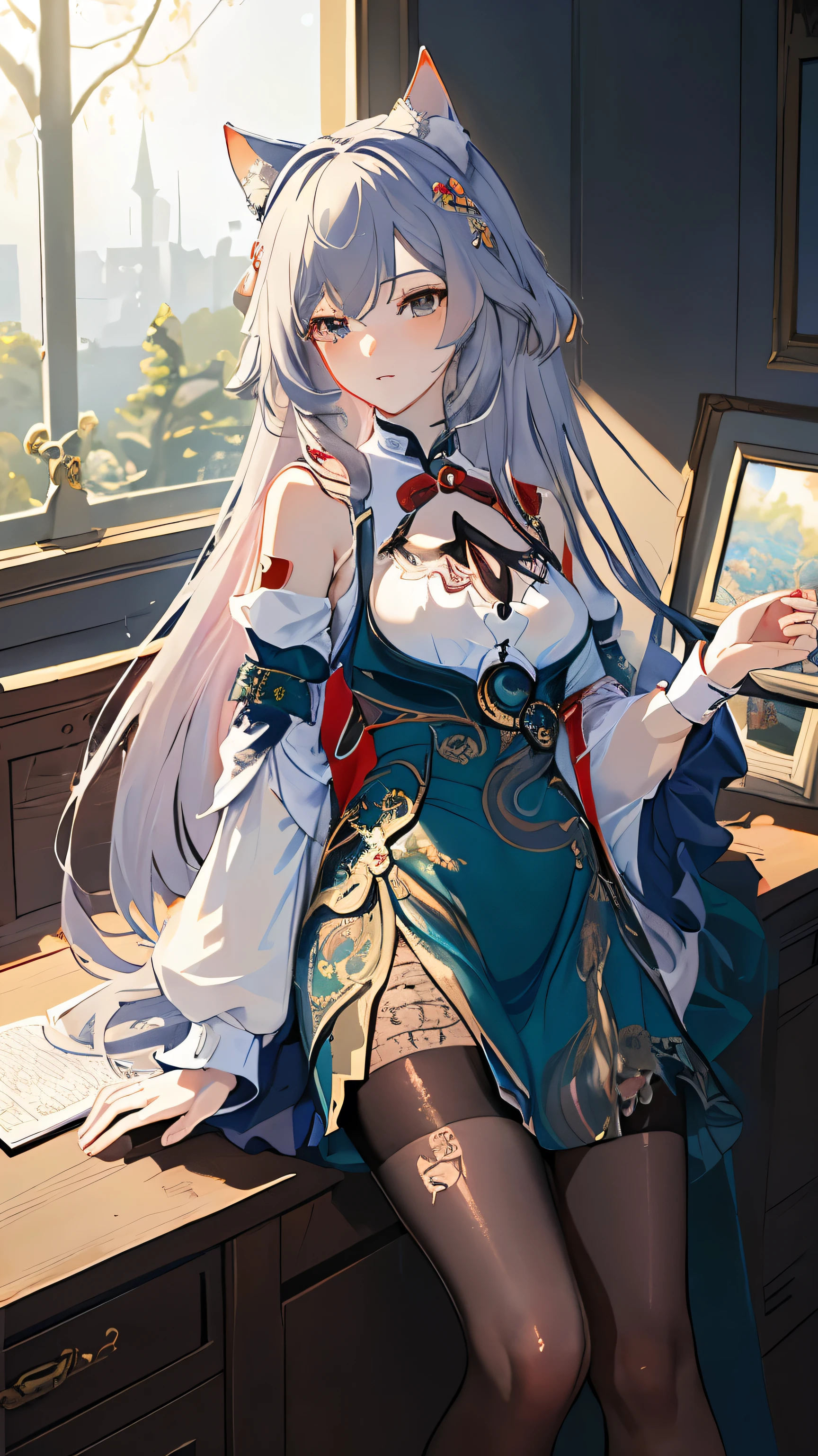 (masterpiece, Top quality, best quality, Official Art, beautiful and aesthetic:1.2),extreme detailed details,(Fractal Art:1.3), Pantyhose, Printed leg clothing,White shirt, Red Jacket,indoors,window,Small Breasts, Fu hua(this),Office female staff, Cat ears,