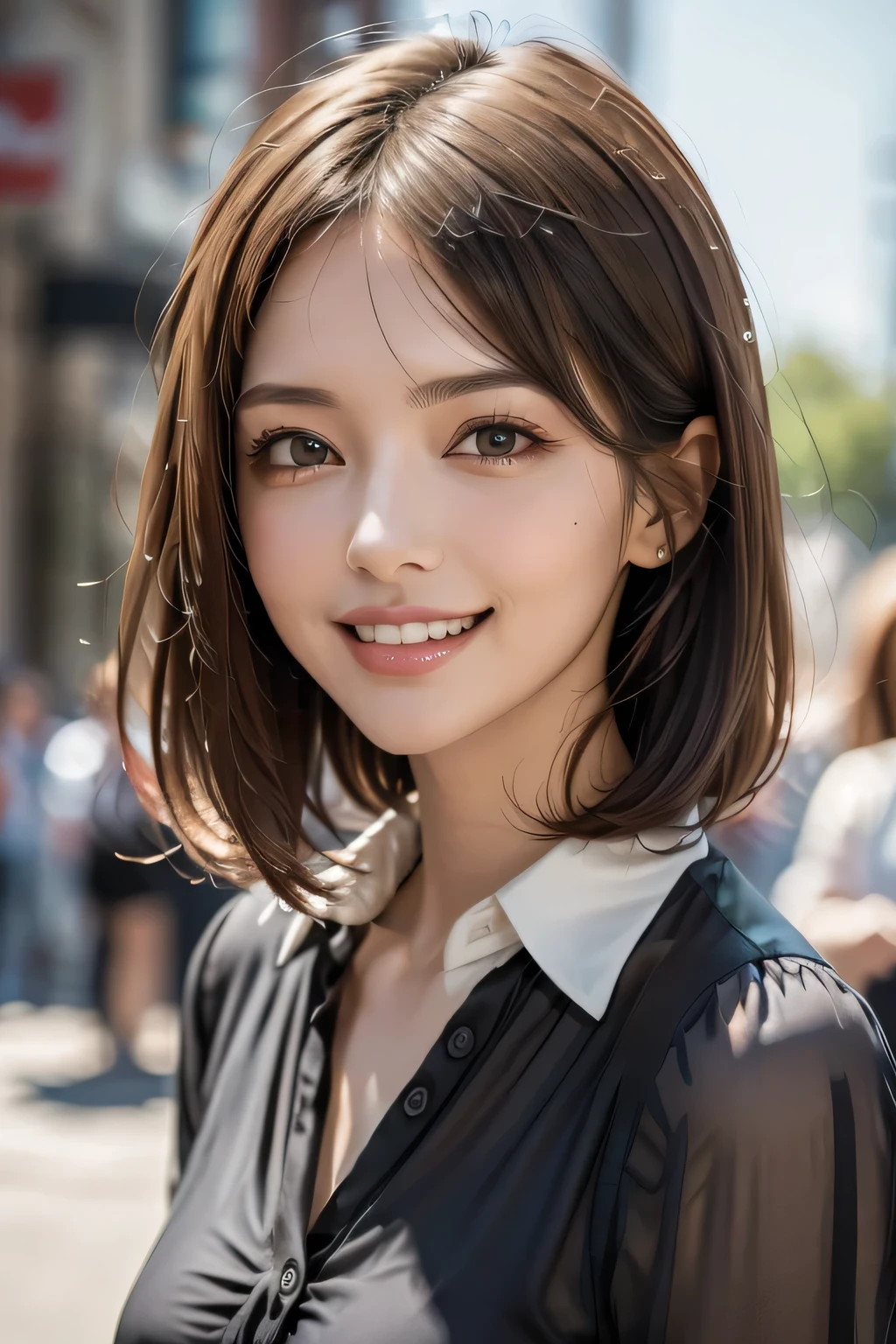 ((masterpiece)), ((Highest quality)), ((Complex)), ((Surreal)), (Realistic), (Mature Woman), ((No classes)), Very detailed, (1 female), Beautiful and exquisite, (Beautiful Teeth), Grin, Brunette bob hair, Brown eyes, ((blouse)), (Upper Body), (background:none), Perfect Eyes, Captivating eyes, Looking at the audience