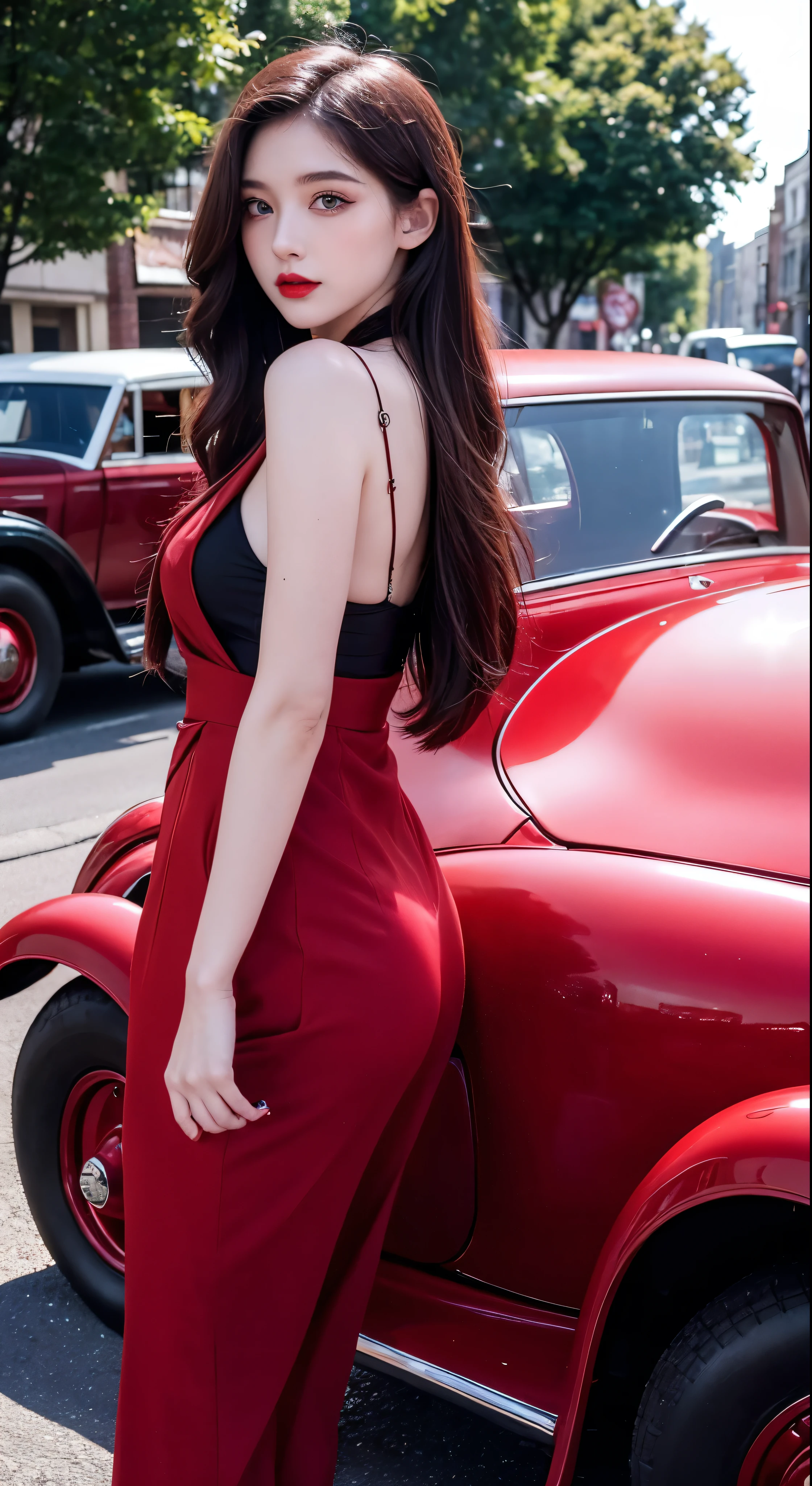masterpiece、Pale Skin、Red lips、Bright Eyes、eye shadow、A beautiful chestnut woman with long hair standing in the street holding a front shot Thompson drum M1928A1、Behind her left is a green 1928 Cadillac Town Sedan、She is wearing a mafia suit in red and black colors、Skirt and jacket on her shoulders in mafia style、Heel、Very detailedなボディ、Detailed cars and clothing、Chiaroscuro、Natural light、Very detailed、She and the car are the focus of the image。Facial details