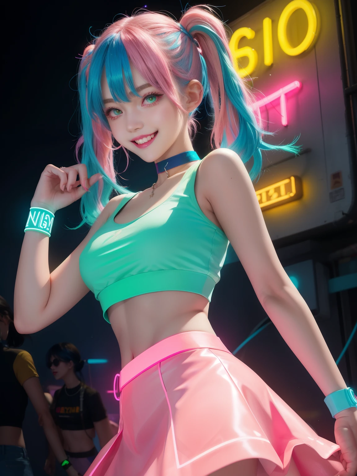 woman, glowing neon, neon, glowing, neon colors, neon lights, neon lighting, grin, blue and pink hair, pigtails, blue crop top, blue skirt, breasts, choker, wristbands