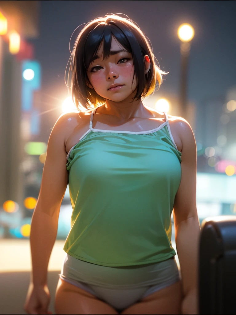 (Sumilux f1.4 50mm , low Latitude old color negative film , cross process , bokeh, flare, chromatic aberration , soft focus, (Shallow focus) , soft glow , Maximum aperture, high Key , Transparent depiction) , Dwarf girl , Muscular, short , camisole under T-shirt