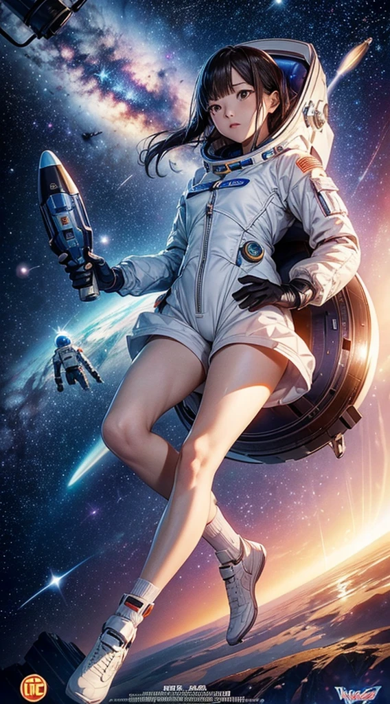 (เต็มตัว, legs and รองเท้า visible: 1.2)) Movie poster: Girl in spacesuit floating in space, surrounded by the Milky Way, the universe.