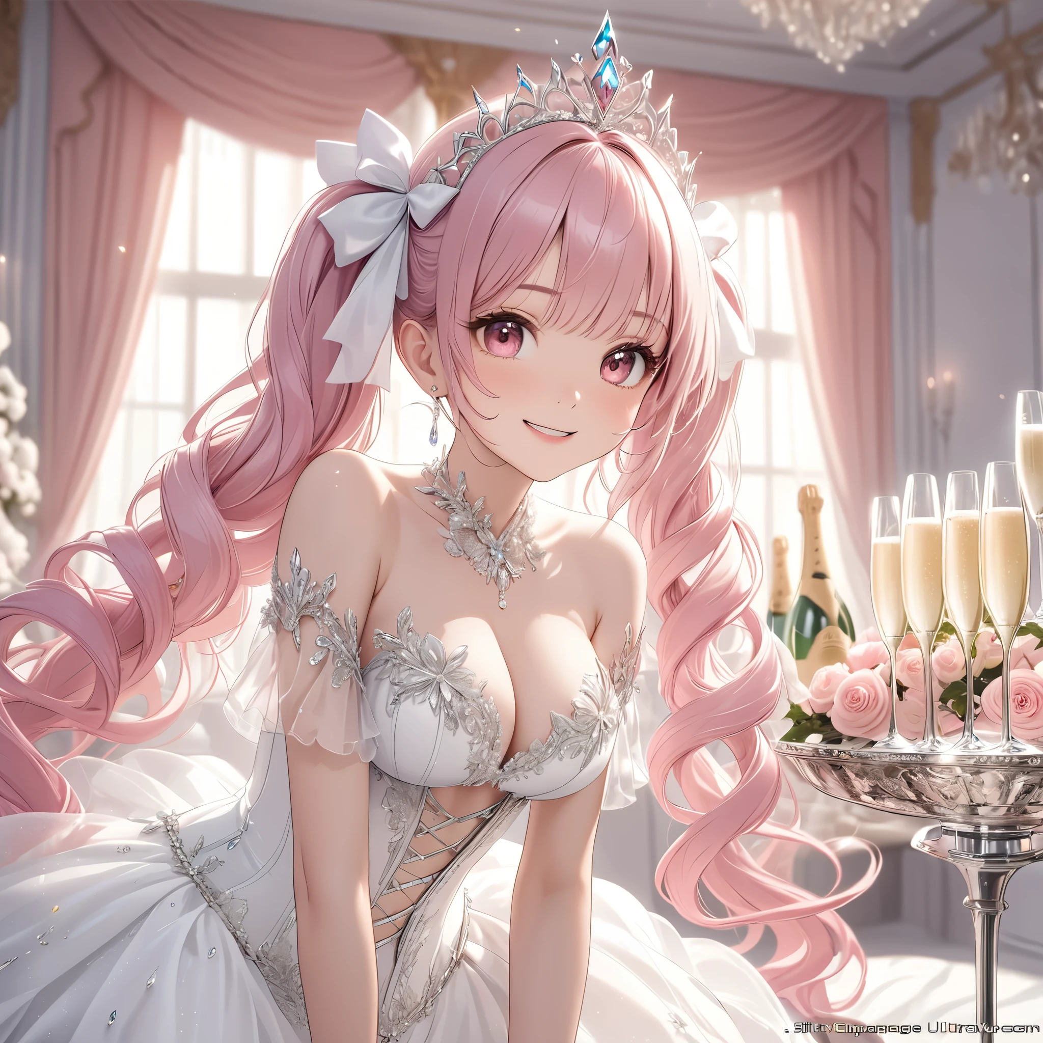 (8K, masutepiece, Best Quality, Official art, beautiful detailed, beautiful lighting, best masterpiece in history that exceeds limits:1.2), (16 years old), (beautiful detailed face), (shiny white skin), (Beautiful big bust, cleavage:1.2), (beautiful detailed pastel pink twin tails hair, Bangs:1.3), (beautiful detailed drooping pink eyes:1.5), break, (Beautiful detailed Luxurious white princess dresses, white See-through intricate lace, cute bow ribbon, a lot of see-through frill, silver thread, diamond, corset), (Beautiful Luxurious Diamonds Tiara), break, (happy smile, Attractive, Look at the camera, cute pose), breathtaking scenery, (ultra detailed beautiful white princess room:1.3), (a champagne tower:1.5),