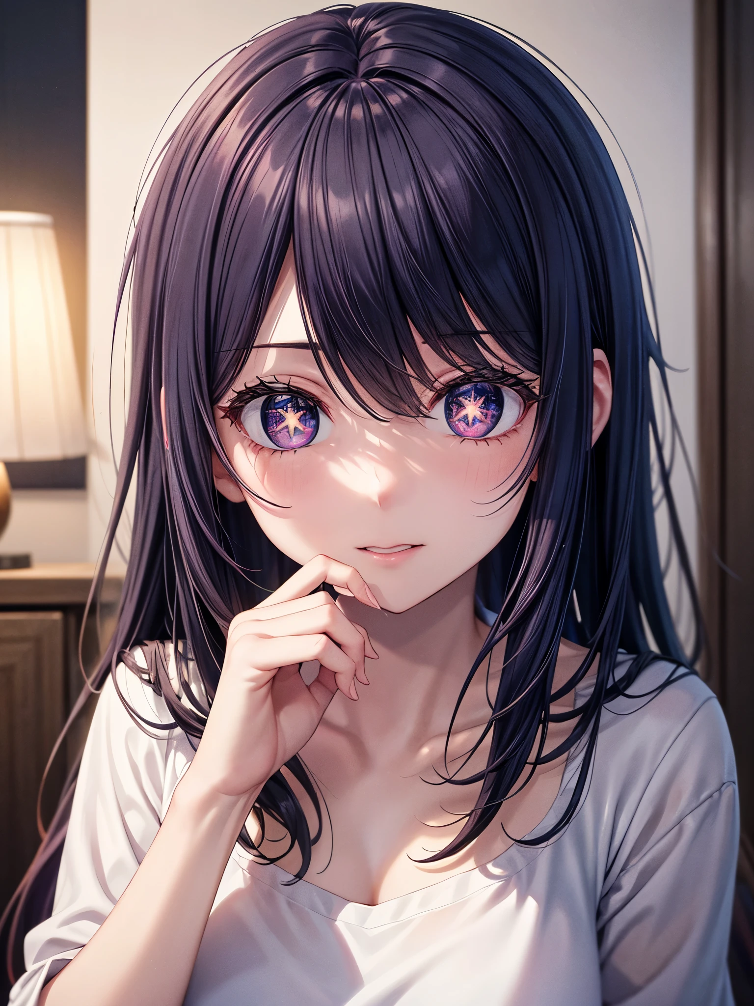 (8k, Ultra-high resolution, The best masterpiece, best quality:1.2), Very detailed, Complete Solution, (actual, actual photo: 1.37), portrait, HD RAW photos, career arrest, High quality and beautiful, 超高清 8k 影像照片, confess, Professional photography, Very detailed的美麗女孩, Super delicate face shape, Contoured eyes, (Very detailed eyes), Precisely shaped nose, expressive lips, Delicate skin, (HD Skin:1.2), Neatly contoured fingers, Every feature is carefully displayed, (20:1.2), Twenty generations, cute girl, young beautiful mother, solo, Ai Hoshino, Hoshino Ai, Permanent, Photography studio, Vibrant look, (Comfortable casual loungewear), Dynamic dark purple long hair, shiny purple eyes, (Star-shaped pupil:1.5), one hand raised, Sensual, A face that exudes maternal love, perfect anatomy, Detailed background, HD Background, Volumetric lighting, actual, stunning details, 8k Ultra HD, high quality, CG unity, C4D Rendering, 3D Rendering, Octane Rendering,