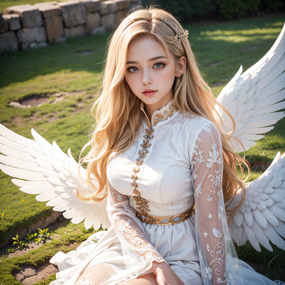 ((Masterpiece, Top Quality, High Resolution, Perfect Pixels, 8k)), Western Temple background, one girl, idol, cowboy shot, ((very long hair, blonde)), ((huge angel wings on back)), pure white silk dress with long sleeves, arms outstretched, ((brown eyes, beautiful eyelashes, realistic eyes))), ((detailed face, blush: 1.2)), ((smooth texture: 0.75, realistic texture: 0.65, dynamic angle, shot from above