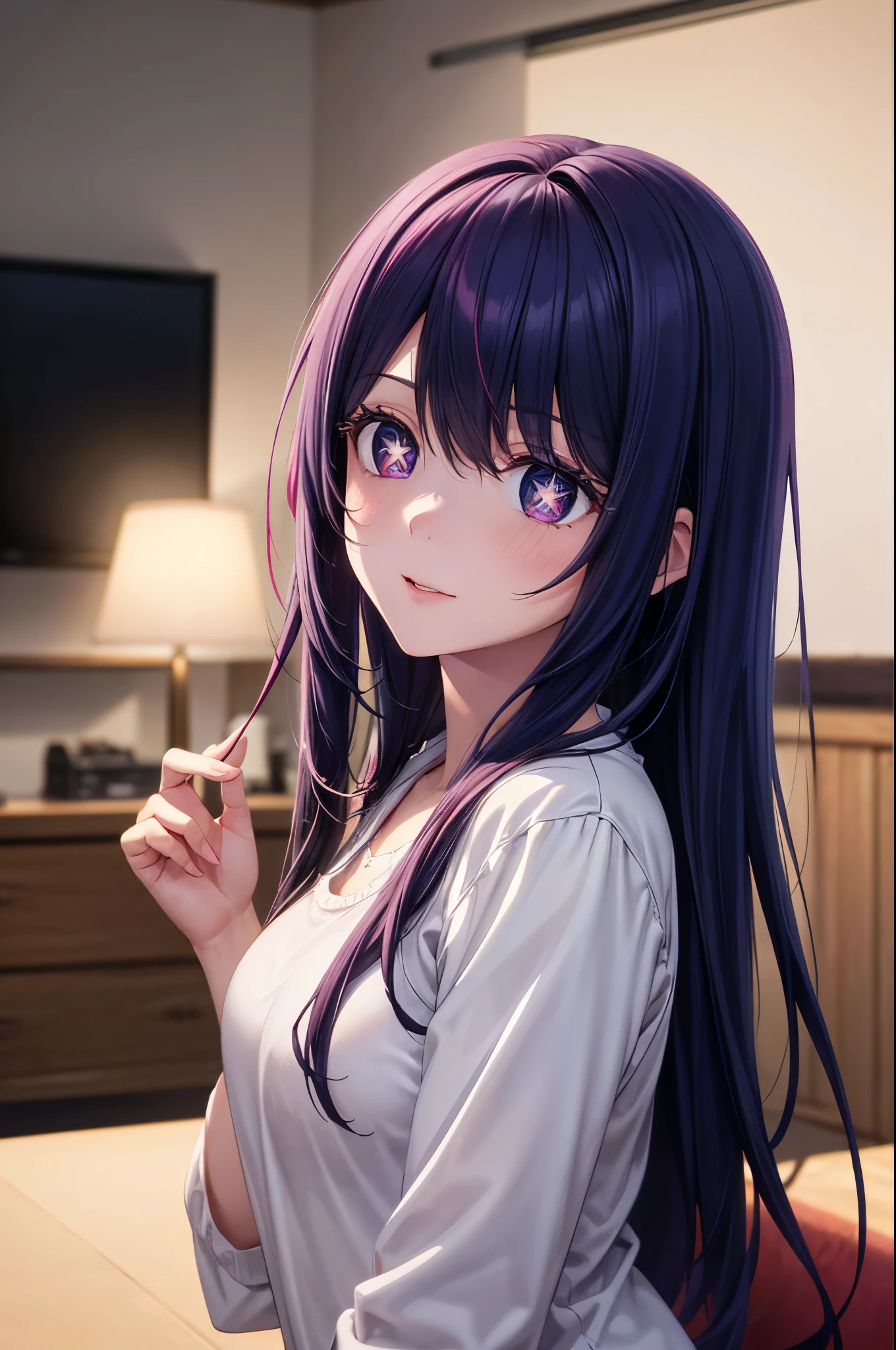 (8k, Ultra-high resolution, The best masterpiece, best quality:1.2), Very detailed, portrait, Half Body, side, focus on eyes, HD RAW photos, career arrest, High quality and beautiful, 超高清 8k 影像照片, confess, Professional photography, (actual, actual相片: 1.37), Very detailed的美麗女孩, Super delicate face shape, Contoured eyes, (Very detailed eyes), Delicate skin, (HD Skin:1.2), Neatly contoured fingers, (20:1.2), Twenty generations, cute girl, young beautiful mother, solo, Ai Hoshino, Hoshino Ai, (Wear comfortable loungewear), Vibrant look, (Layperson, Living room), Dynamic dark purple long hair, shiny purple eyes, (Star-shaped pupil:1.5), one hand raised, Sensual, warm, Exuding motherly love, perfect anatomy, Detailed background, HD Background, Volumetric lighting, actual, stunning details, 8k Ultra HD, high quality, CG unity, C4D Rendering, 3D Rendering, Octane Rendering,