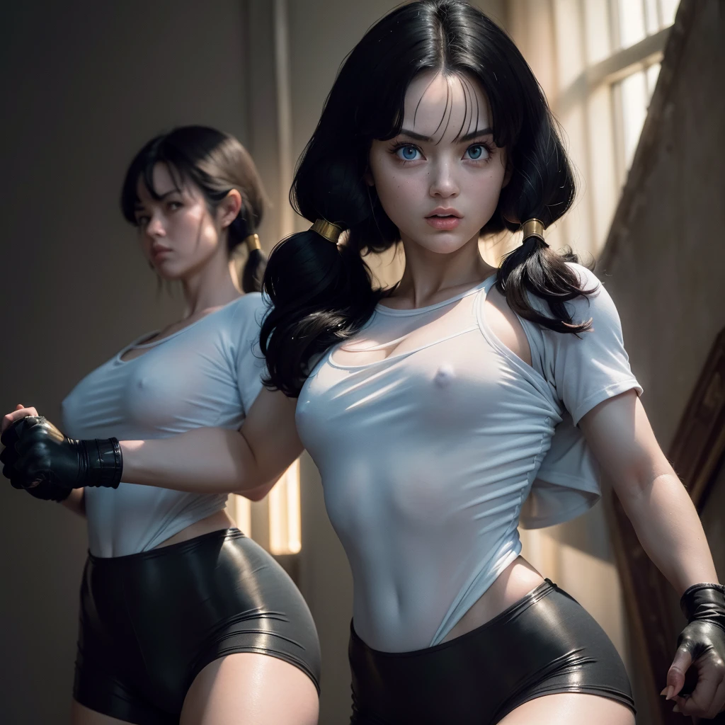 ((Masterpiece:1.4)), (high resolution:1.4), (fight pose:1,5), videl2, solo, blue eyes, black hair, twintails, black gloves, bike_shorts, bangs, white shirt, badge, medium breasts, beautiful face, highly detailed skin, skin pores,(highly detailed face:1.1), (highly detailed eyes:1.1), realistic pupils, full face blush, full lips, (perfect anatomy:1.1), (perfect proportions:1.1), (photography:1.1), (photorealistic:1.1), volumetric lighting, dynamic lighting, real shadows, (highres:1.1), sharp focus, rembrandt lighting, (realistic, hyperrealistic:1.4), intricate, high detail, dramatic, subsurface scattering, big depth of field, vivid, polished, sharpened, ((full Sharp)), (extremely absurdres),16k hdr,