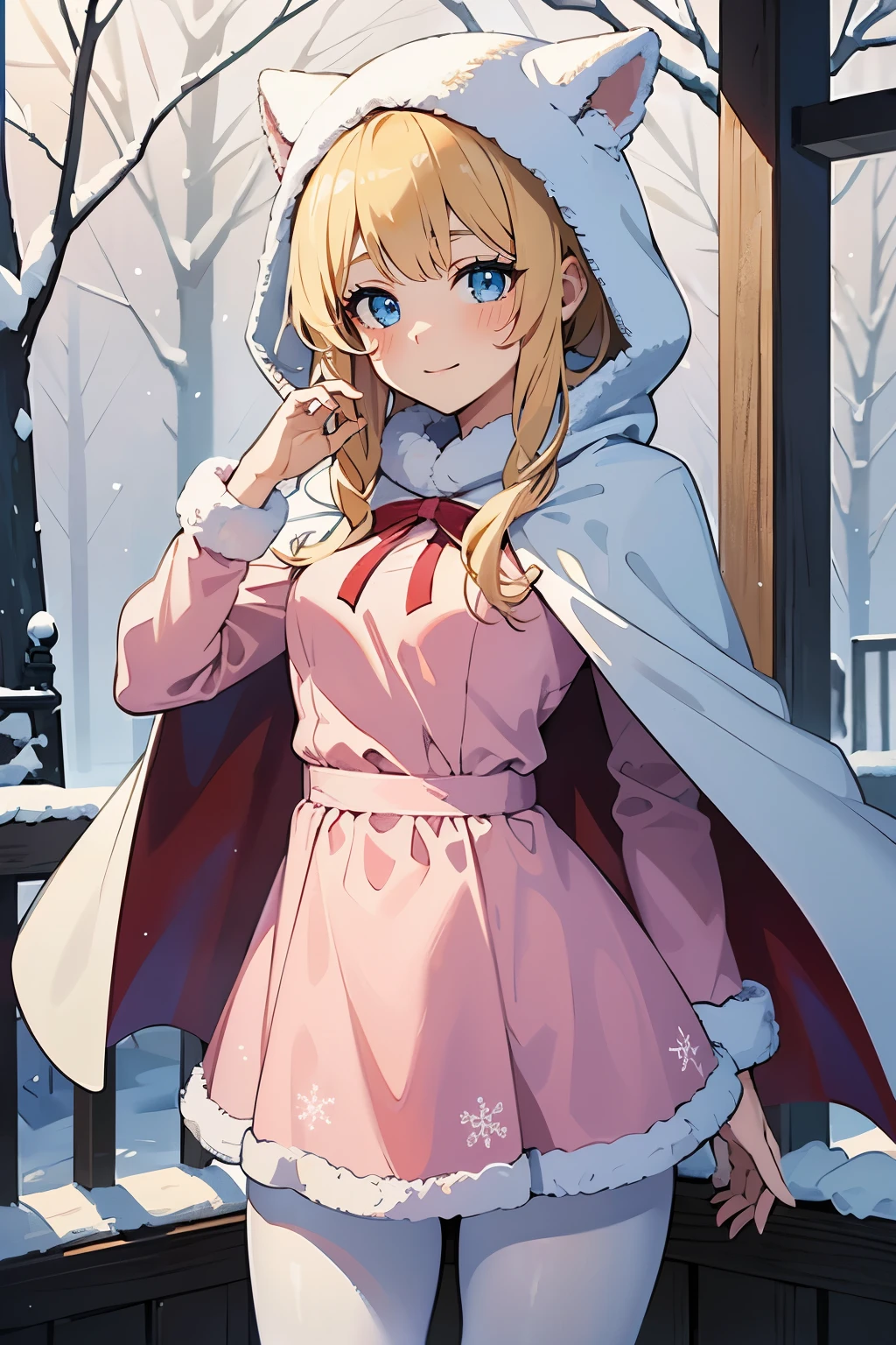 Safe for work, masterpiece, best quality, solo, 1 girl, cute girl, wholesome girl, (young female body:1.4), ( medium small breasts), cowboy shot, shy smile, flustered, yellow golden hair, extra long hair, thick wavy hair, hime cut, very blunt bangs, light blue eyes, detailed eyes, outside, snowy woods, wooden cabin in background, standing, pink dress, pink winter dress, dress with white fur, white cotton pantyhose, winter, long sleeve, pink dress, snowflake print on dress, thick winter pink dress, white fluffy fur trimmings, white fur, warm, pink dress, white cloak, fluffy cape, cape over shoulder, white cape, bows on dress, cape hood over head, hood