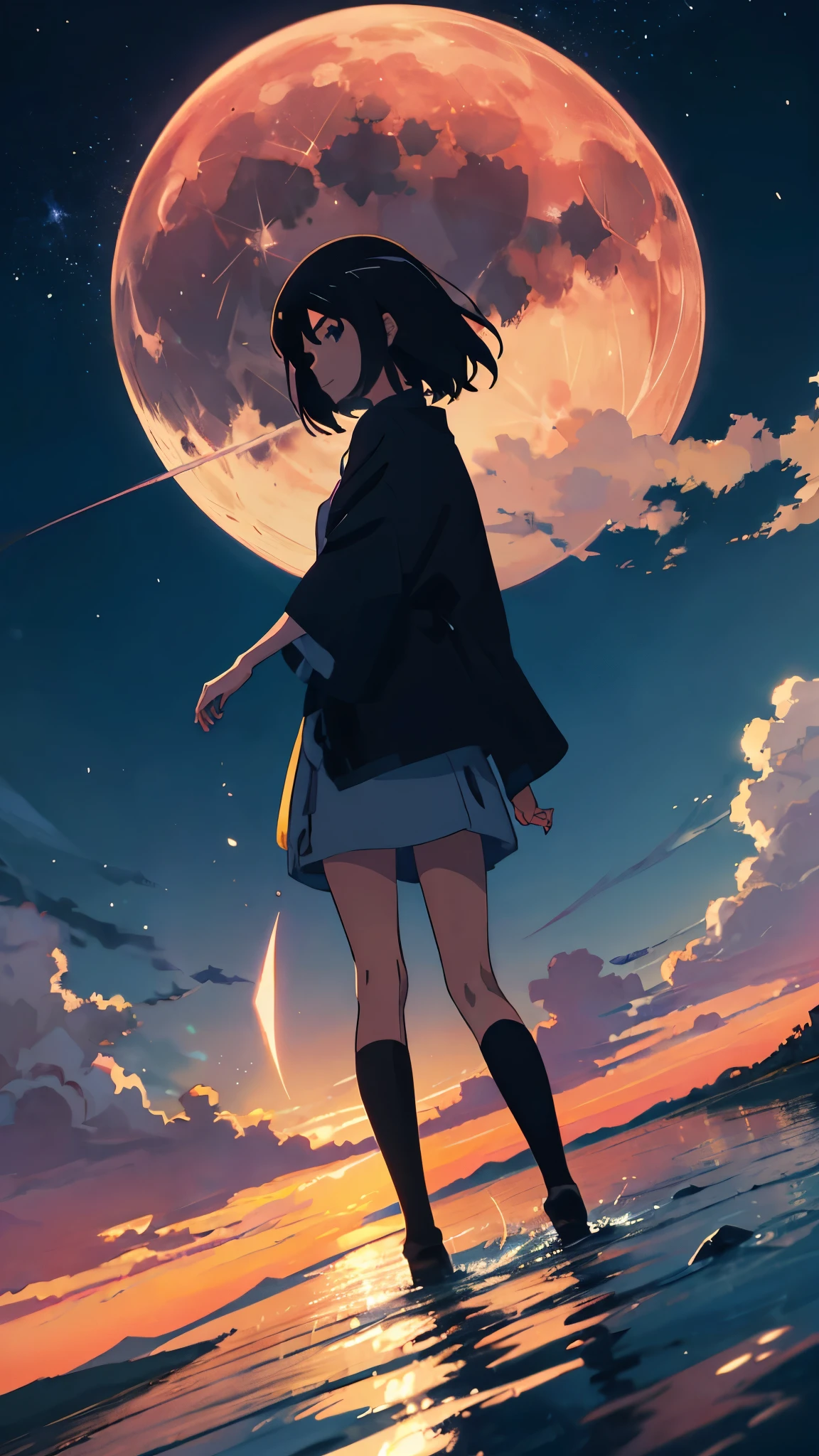 An anime girl looking at the sky at night, with the moon in the background, 4K anime wallpaper, by Makoto Shinkai and Cyril Rolando, anime art wallpaper 8k, cosmos sky, walking on water, looking at the sunset, anime, anime art wallpaper 4k, anime wallpaper 4k