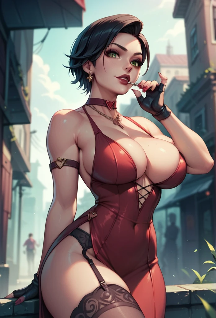 Ivy Valentine, big breasts, deep cleavage, red dress slit on the side showing her thighs, in the zombie apocalypse street , from the game Resident Evil, black garter belt and stockings, short black hair