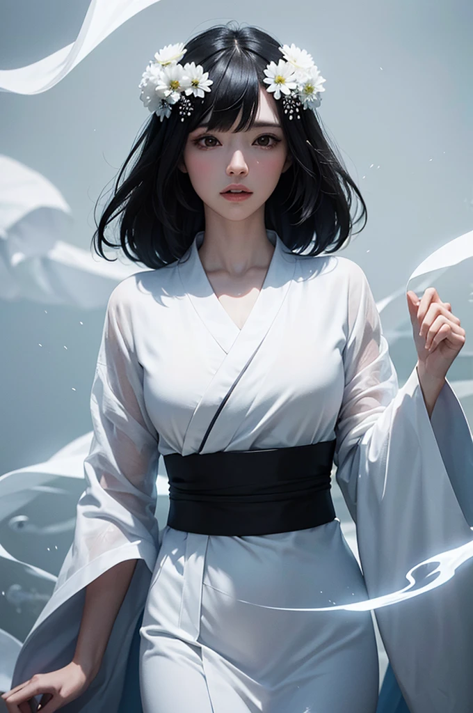 The ghost of a beautiful woman wearing a white kimono and black hair that shines through the fantastical mist