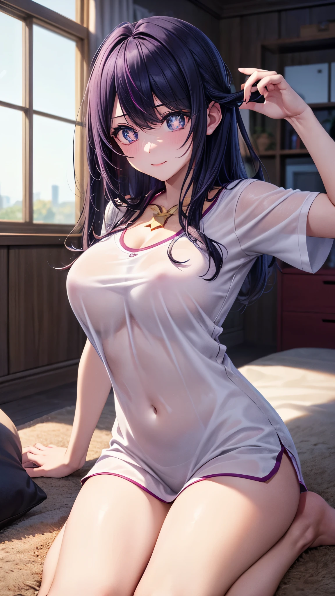 (8k, Ultra-high resolution, The best masterpiece, best quality:1.2), Very detailed, portrait, Half Body, side, focus on eyes, HD RAW photos, career arrest, High quality and beautiful, 超高清 8k 影像照片, confess, Professional photography, (actual, actual相片: 1.37), Very detailed的美麗女孩, Super delicate face shape, Contoured eyes, (Very detailed eyes), Delicate skin, (HD Skin:1.2), Neatly contoured fingers, (20:1.2), Twenty generations, cute girl, young beautiful mother, solo, Ai Hoshino, Hoshino Ai, (Wear comfortable loungewear), Vibrant look, (Layperson, Living room), Dynamic dark purple long hair, shiny purple eyes, (Star-shaped pupil:1.5), one hand raised, Sensual, warm, Exuding motherly love, perfect anatomy, Detailed background, HD Background, Volumetric lighting, actual, stunning details, 8k Ultra HD, high quality, CG unity, C4D Rendering, 3D Rendering, Octane Rendering,