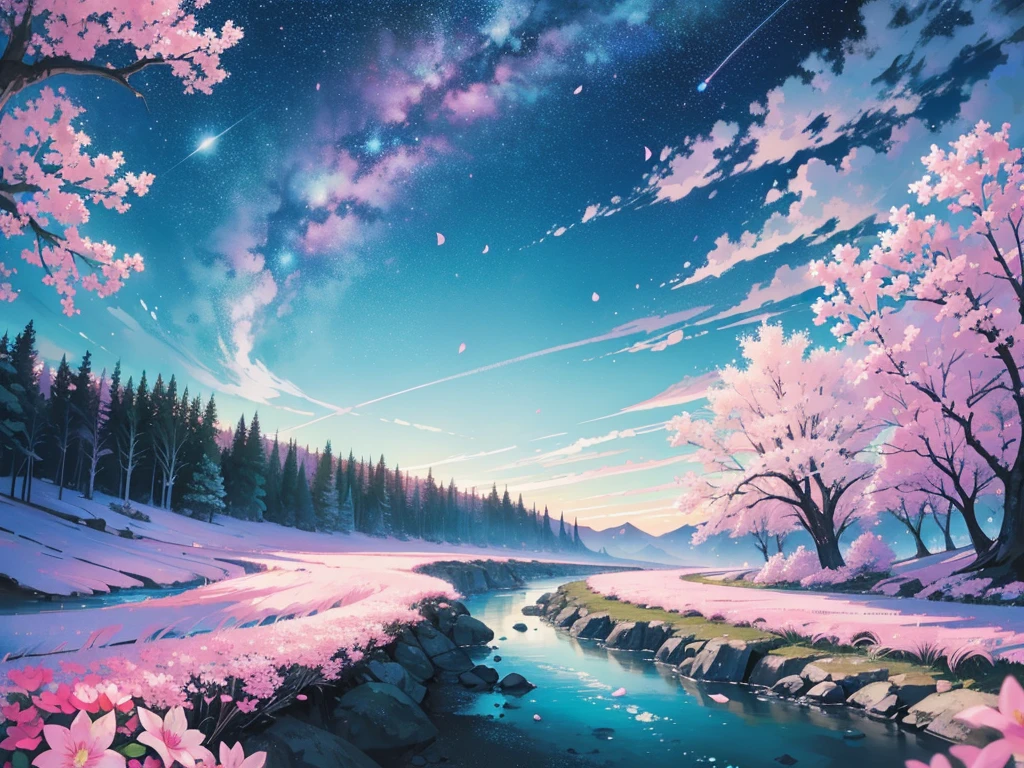(Magical pretty night sky green stream overlay scene), (skyporn), (Clouds), Soft lighting, clean back ground, Beautiful scenery, masutepiece, High quality, Beautiful graphics, high detailing, Epic Landscapes, garden, Flowers, Clouds, (Night starry sky, River behind, Huge old tree behind, Pink petals that shine on the back fall)