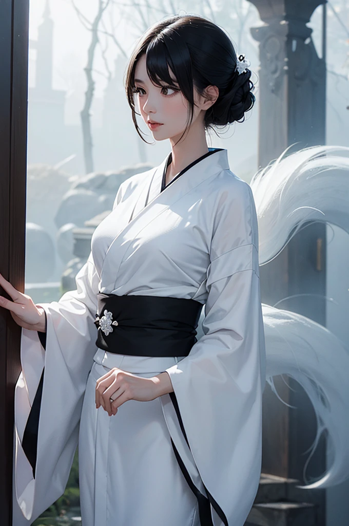 The ghost of a beautiful woman wearing a white kimono and black hair that shines through the fantastical mist