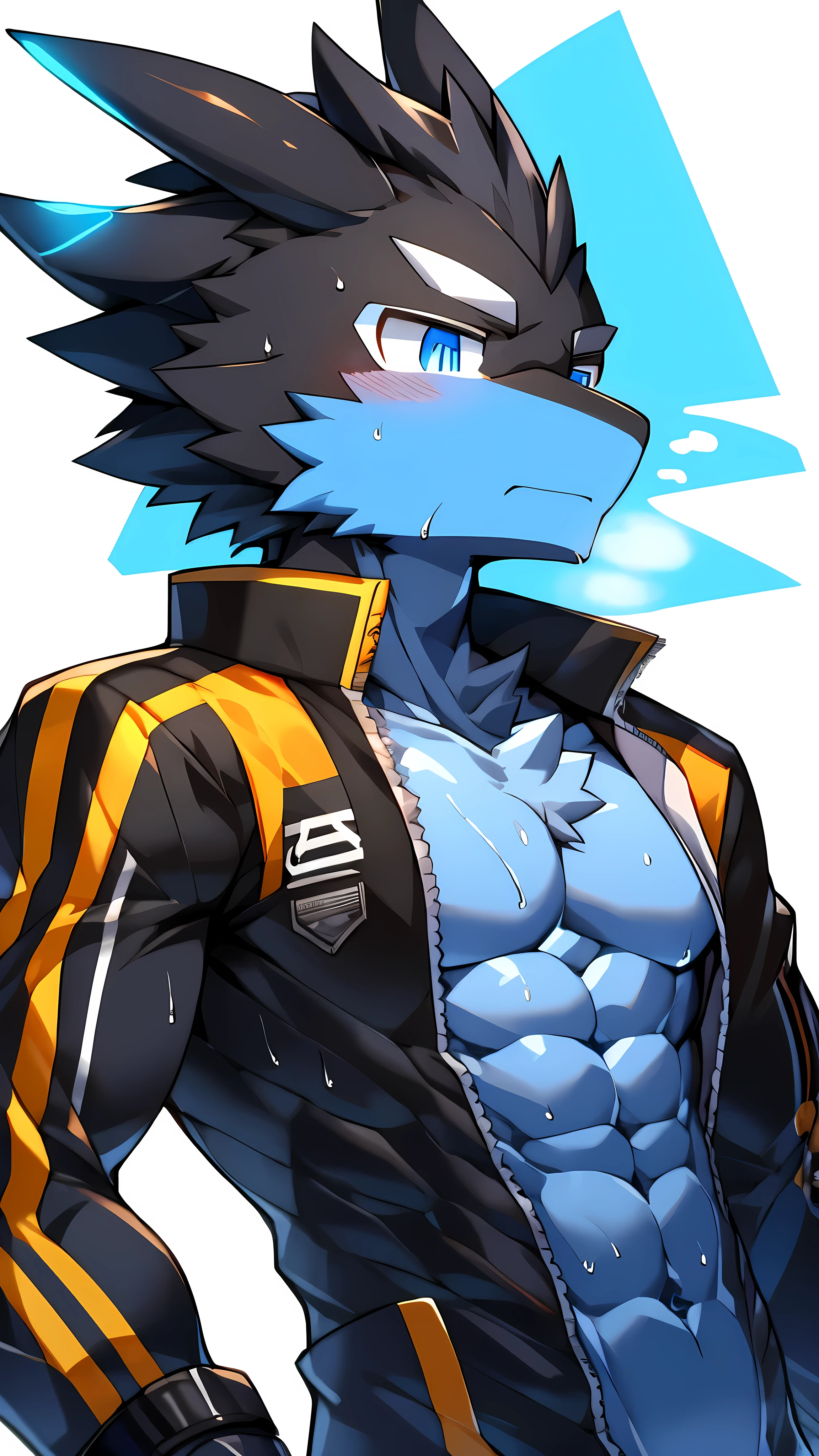 Thin macho western black dragon abs Hollow abs body suit thick arms chest rig 、sweaty skin glow profile Wearily short of breath Chemo
have a blue eyes Tired look jacket