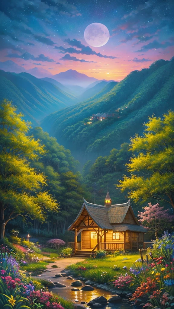 highest quallity、landscape paint、naturey、natta景、natta、moonligh、starry sky、Beautiful light、flowers、I see a little house

