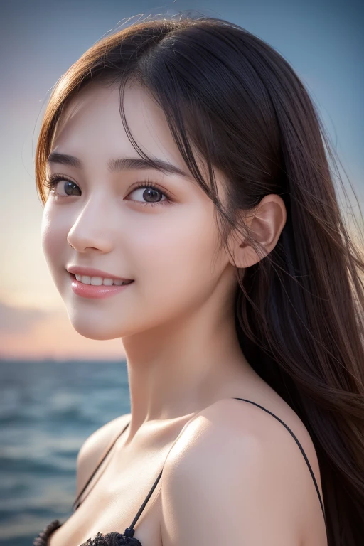 (Surreal), (Consciousness upward), (High resolution), (8k), (Very detailed), (The best Consciousness upwardns), (Beautiful and detailed), (Highest quality), (Very detailedな), (masterpiece), (Detailed face), Big eyes,Sweaty, Slender body, Long Hair,Colored inside,alone,A girl wearing a simple black bikini, Huge , smile, Sea of night, moon, 16 years old, See through,Beautiful and fair、Glowing Skin, 3 Up, Nice, bright, Refreshing and gentle look, Perfect beautiful face, Highly realistic photos, High resolution, Detailed face