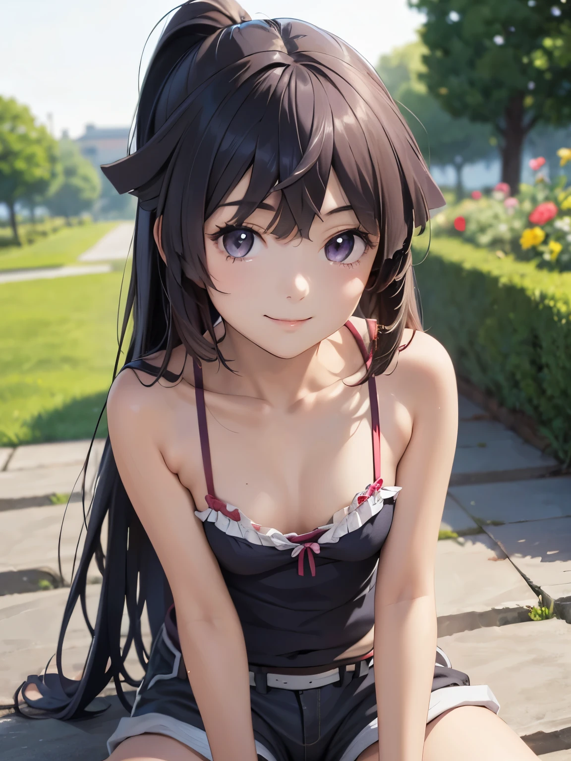 Very detailed, High resolution,[8k画像:1.15],garden、全体的にLong Hair、1 girl, smile, dawn_Log Horizon, camisole、Shorts、Long Hair, Black Hair、Bright eyes looking at the viewer, whole body, smile、Closed Mouth、Cowboy Shot、4K,8k,Extremely detailed CG、High resolution、超High resolution, Perfect lighting, Extremely detailed CG、Physically Based Rendering(Genuine、Realisticな、Realistic)、(Anime illustration style)、Spread your legs,Shorts