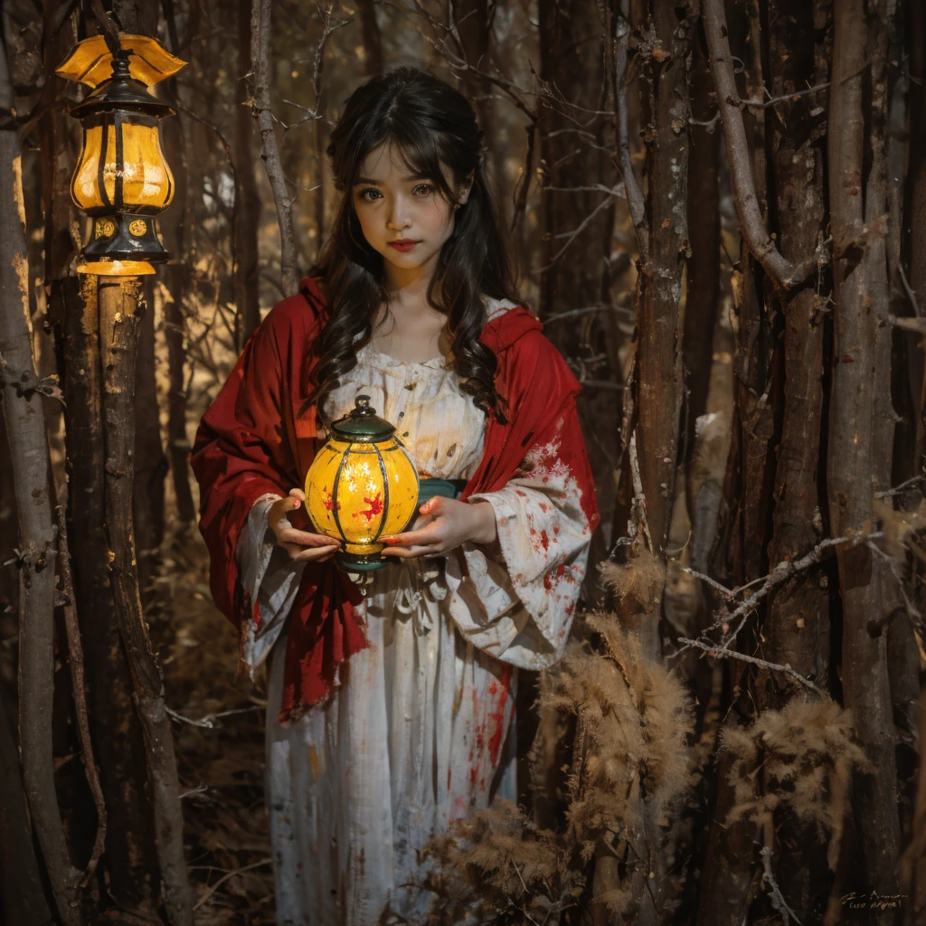 Romantic oil painting of japanese-looking Red Riding Hood with wild appearance, she is wearing a long red torn raincoat, in her hands she holds an old yellow lantern that illuminates only her face. Dark green forest, rainy, moon lighting, gold reflections, droplets. Focus on perfect face with small tattoo in hyper-realistic quality with beautiful realistic dark eyes, dark disheveled curled hair under red hood, brave look, full red lips, thick eyebrows, perfect, confident pose, layered mixed technique. abstract portrait, mixed media art, messy, oil painting, impasto, thick stroke